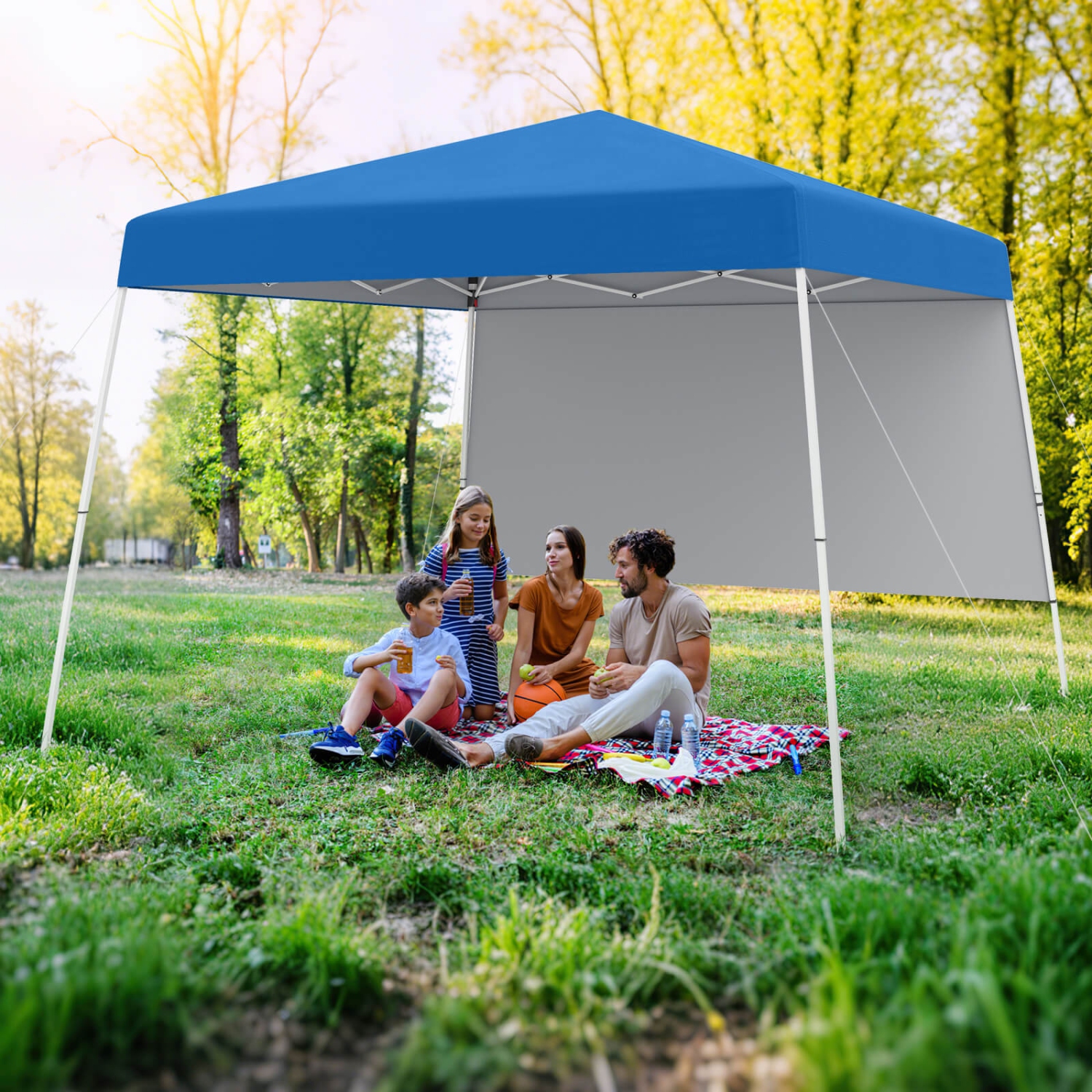 Costway 10 X 10FT Pop up Canopy Tent with 1 Sidewall, Portable Backpack, 4 Stakes Slant Leg Blue/White/Pinl/Gray