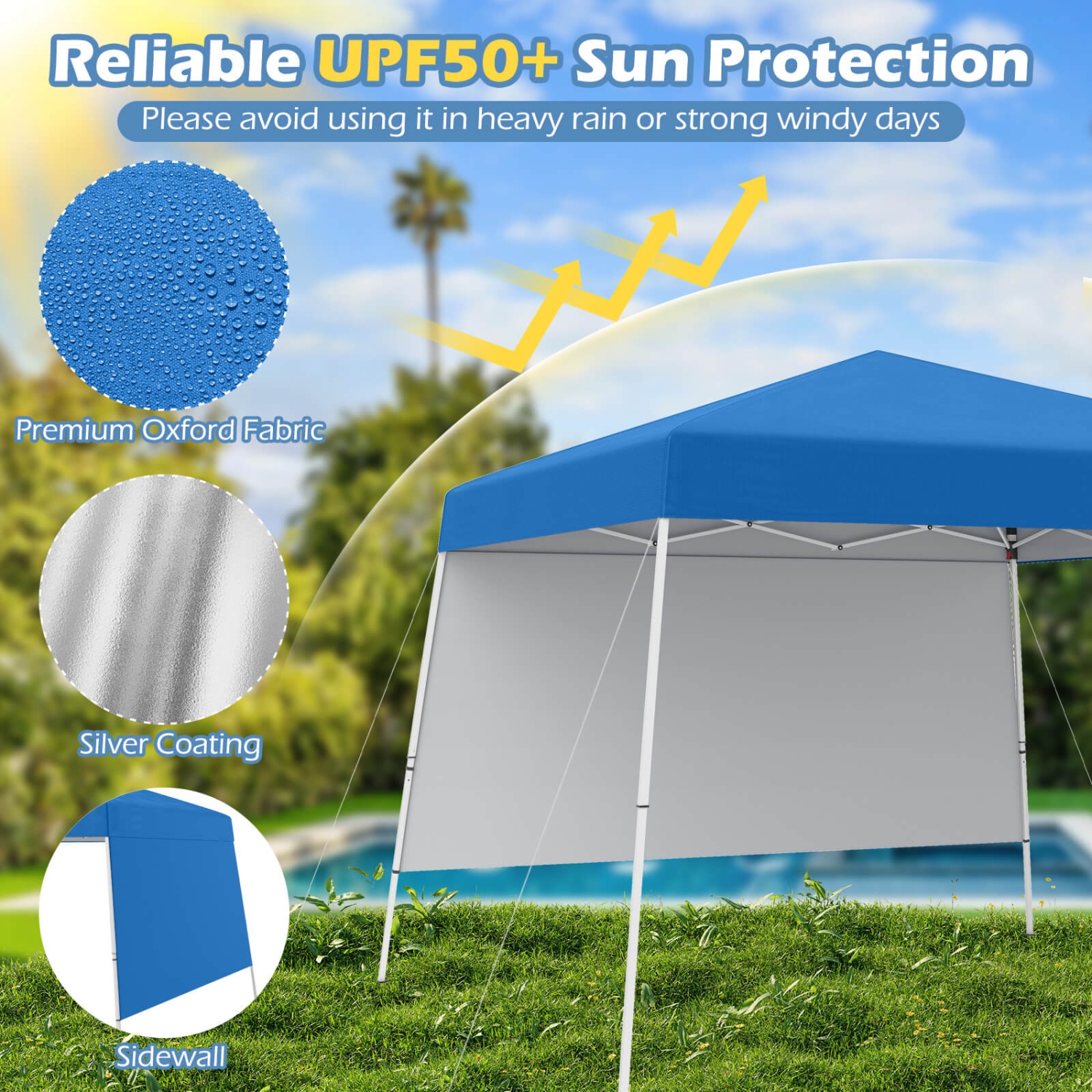 Costway 10 X 10FT Pop up Canopy Tent with 1 Sidewall, Portable Backpack, 4 Stakes Slant Leg Blue/White/Pinl/Gray