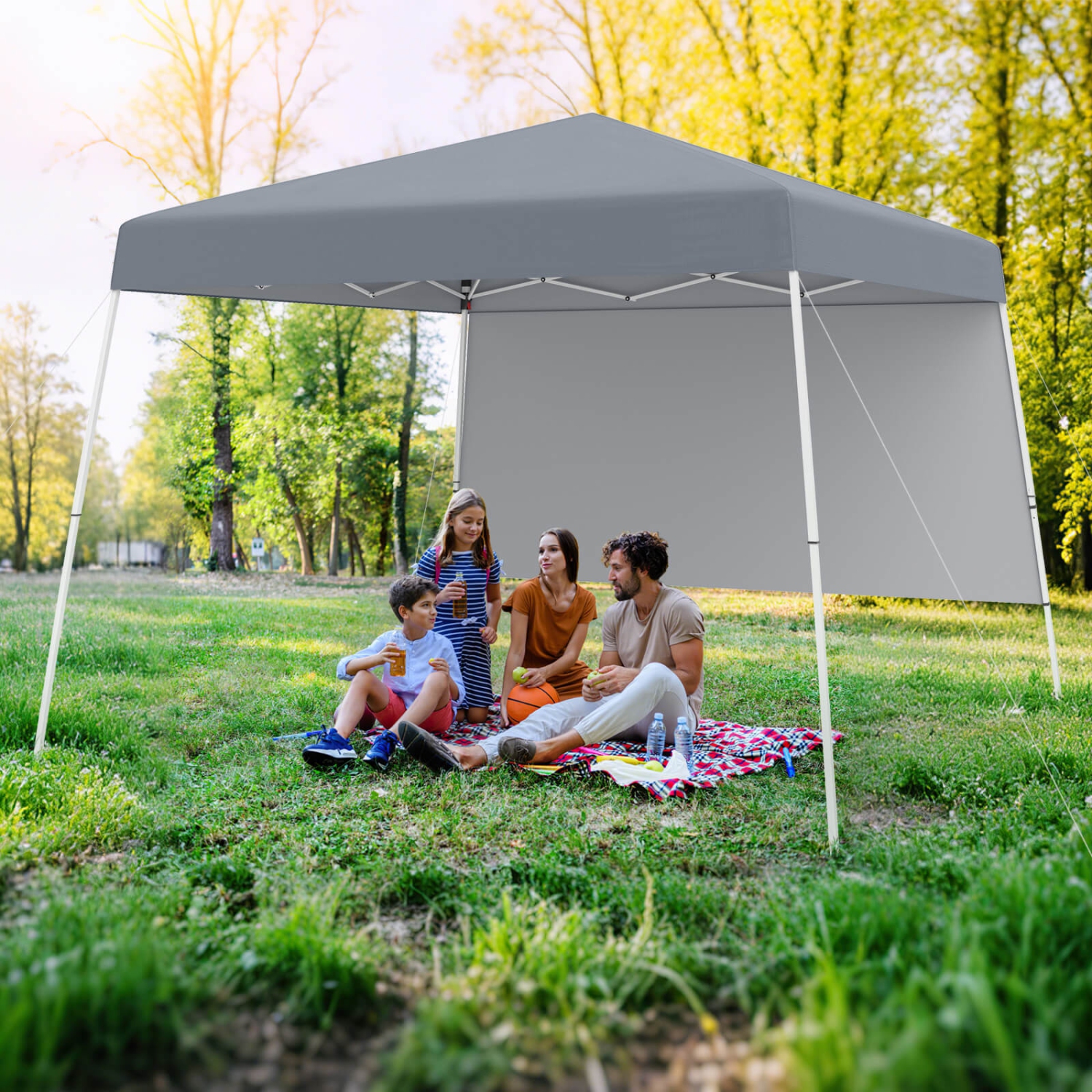 Costway 10 X 10FT Pop up Canopy Tent with 1 Sidewall, Portable Backpack, 4 Stakes Slant Leg Blue/White/Pinl/Gray