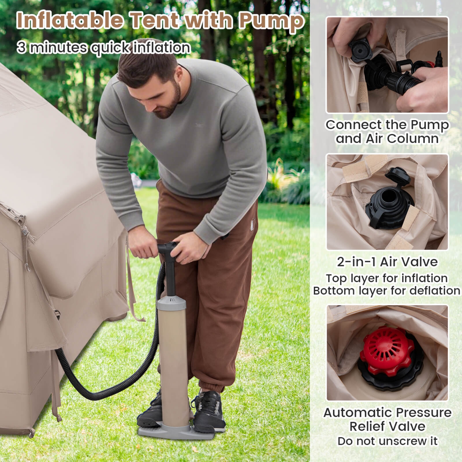 Costway Inflatable Camping Tent 4-6 People Waterproof Blow-up Air Tent with Porch, Pump