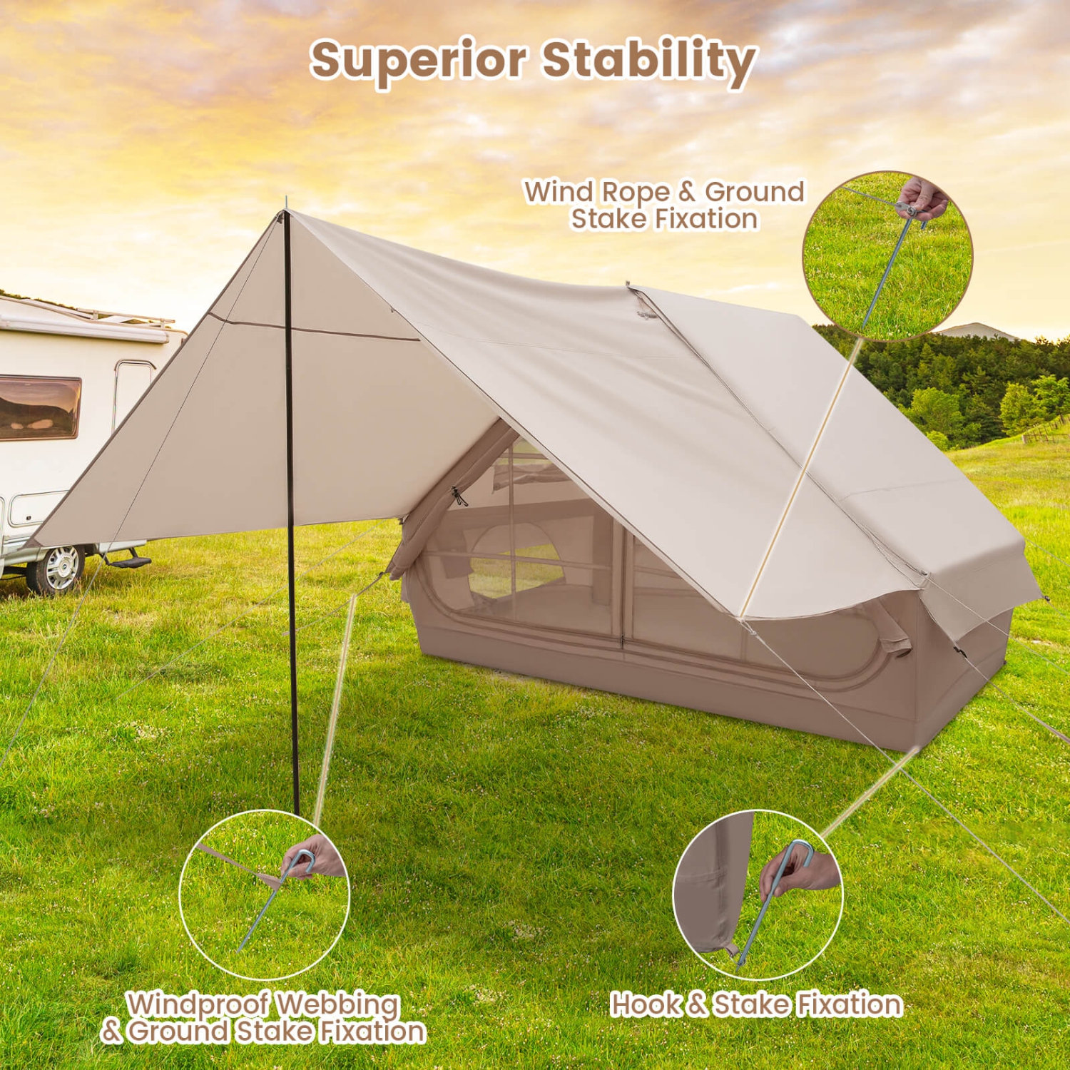 Costway Inflatable Camping Tent 4-6 People Waterproof Blow-up Air Tent with Porch, Pump