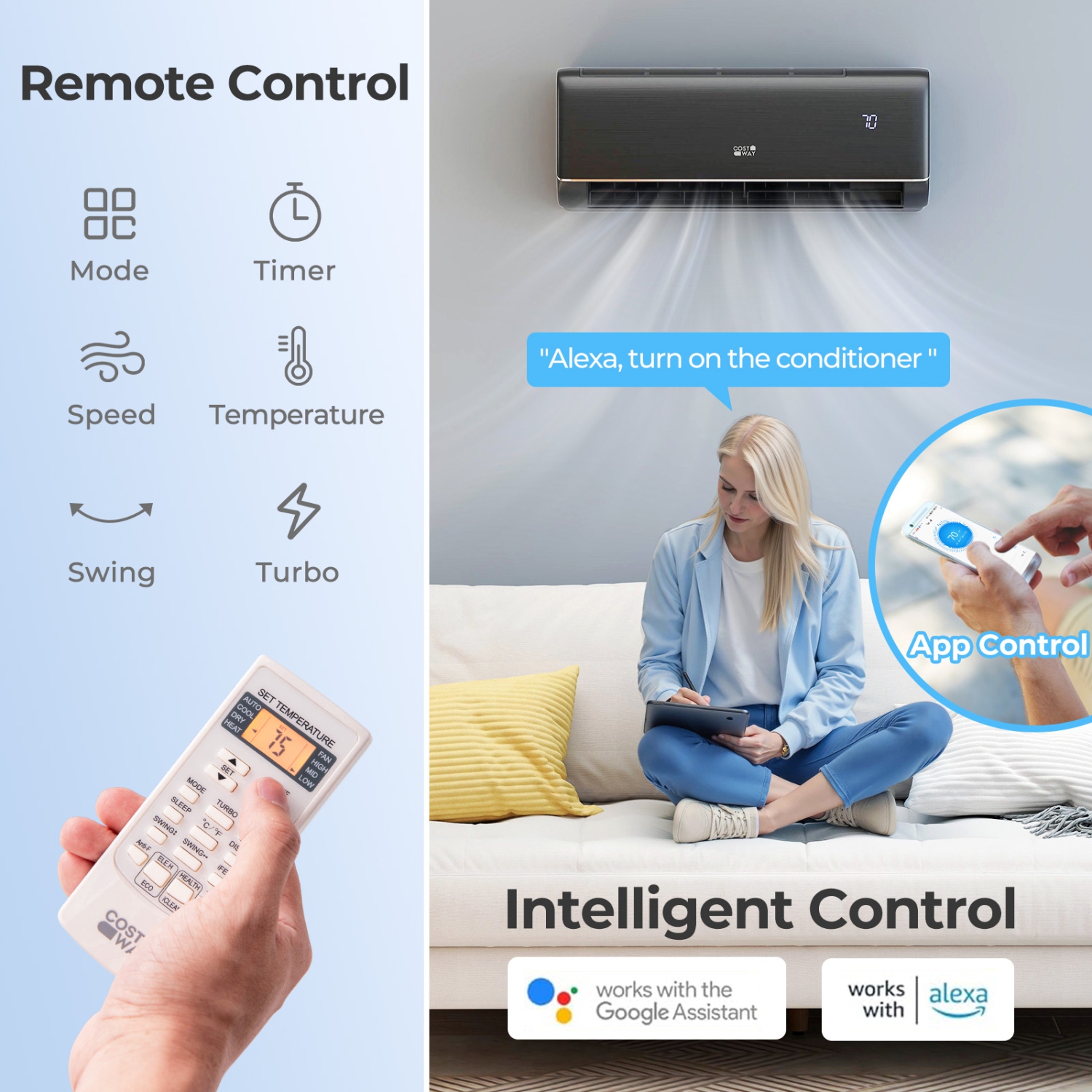 Costway 12000BTU Wifi Enabled Mini Split AC 22 SEER2115V Inverter Air Conditioner White/Gray