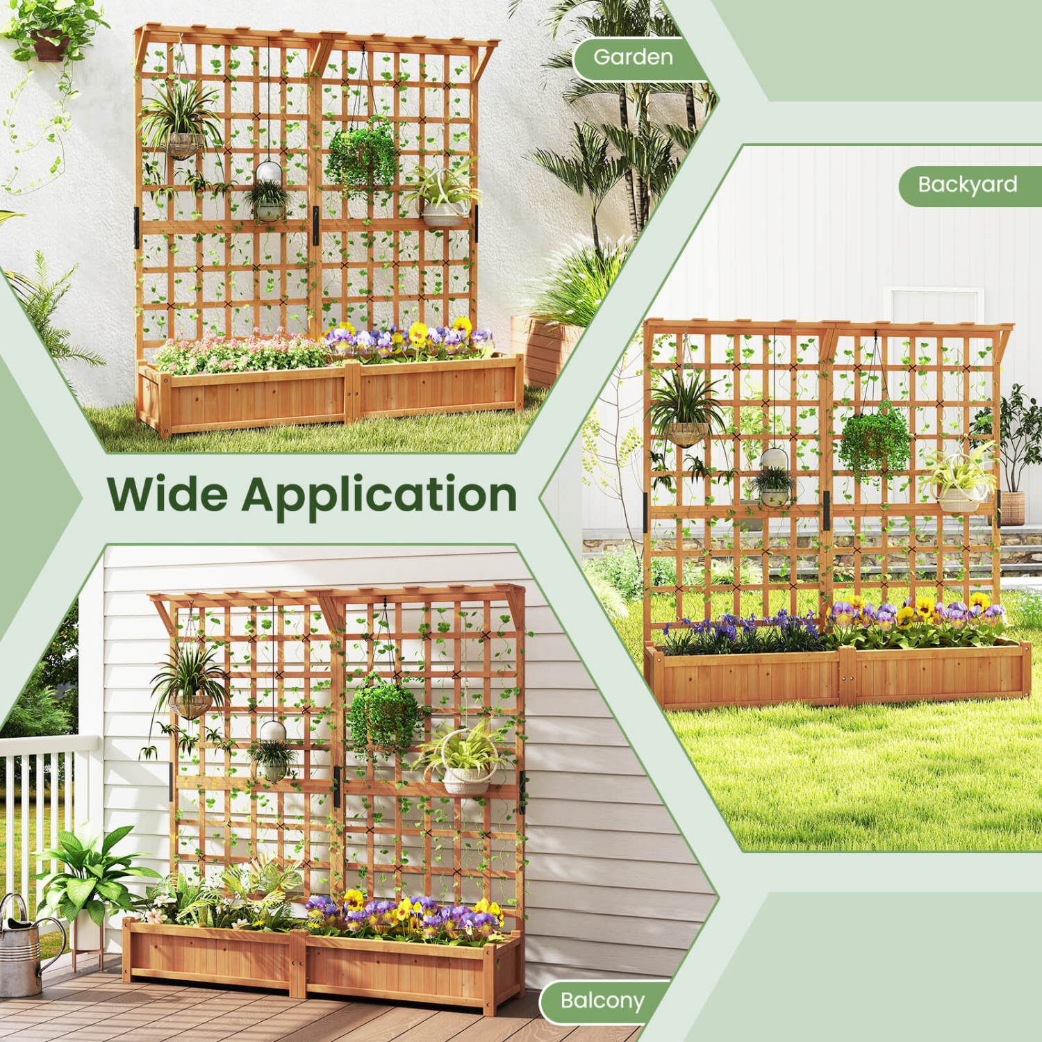 Grand pot en bois de 71&nbsp;po avec treillis, toit suspendu, 4 trous de drainage de Costway