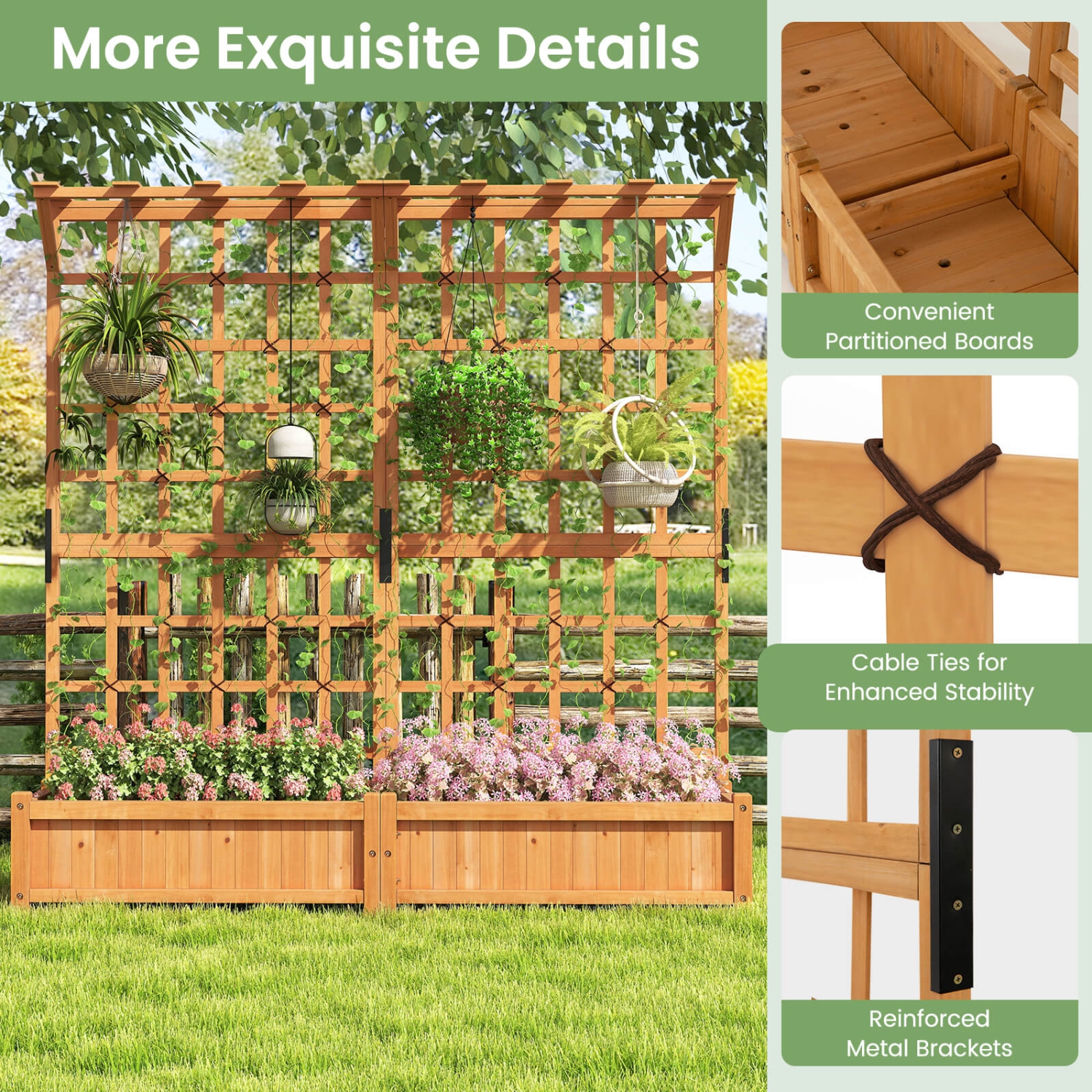 Grand pot en bois de 71&nbsp;po avec treillis, toit suspendu, 4 trous de drainage de Costway