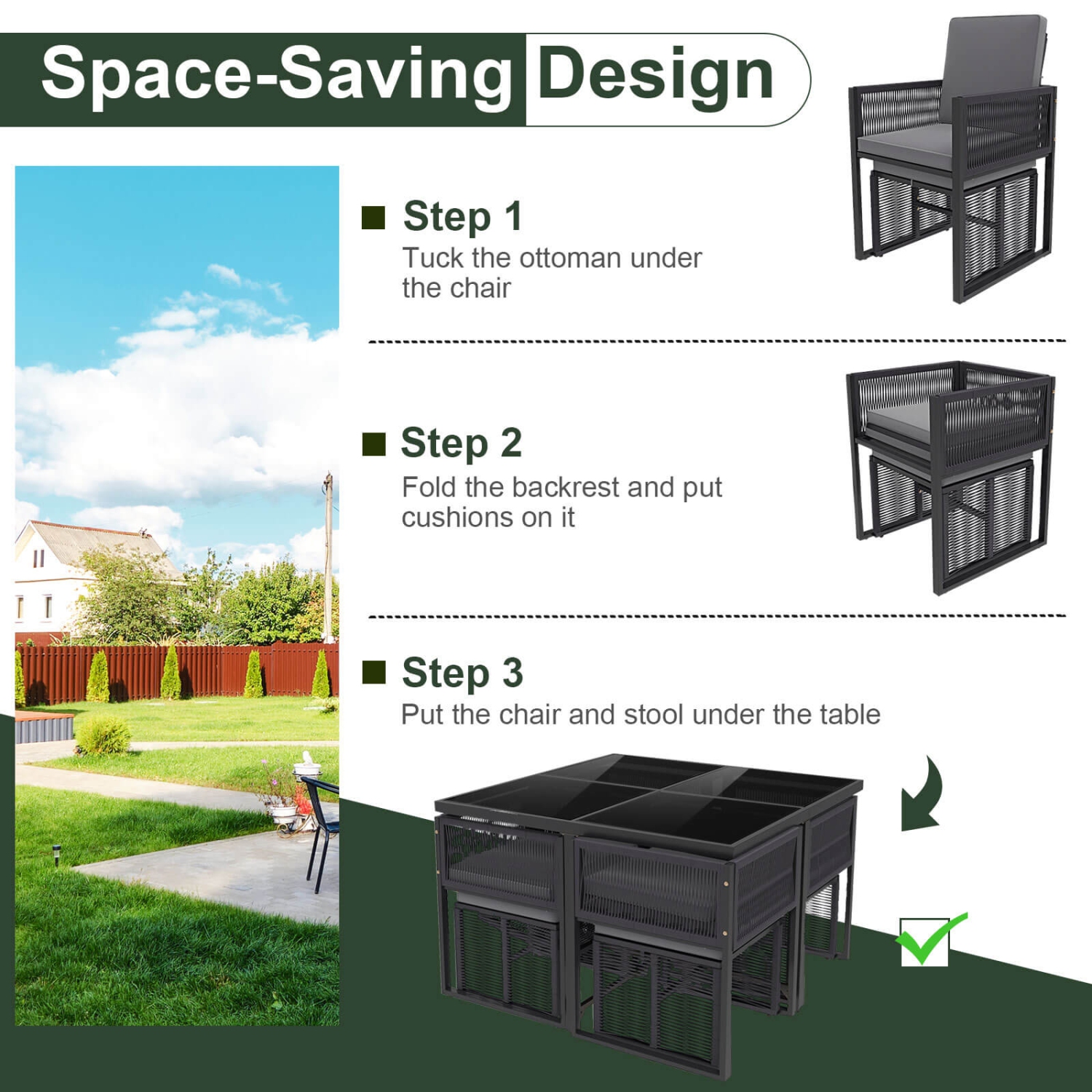 Ensemble de salle à manger de patio 9 PCS de Costway avec chaises en rotin de PE Table en verre trempé et poufs