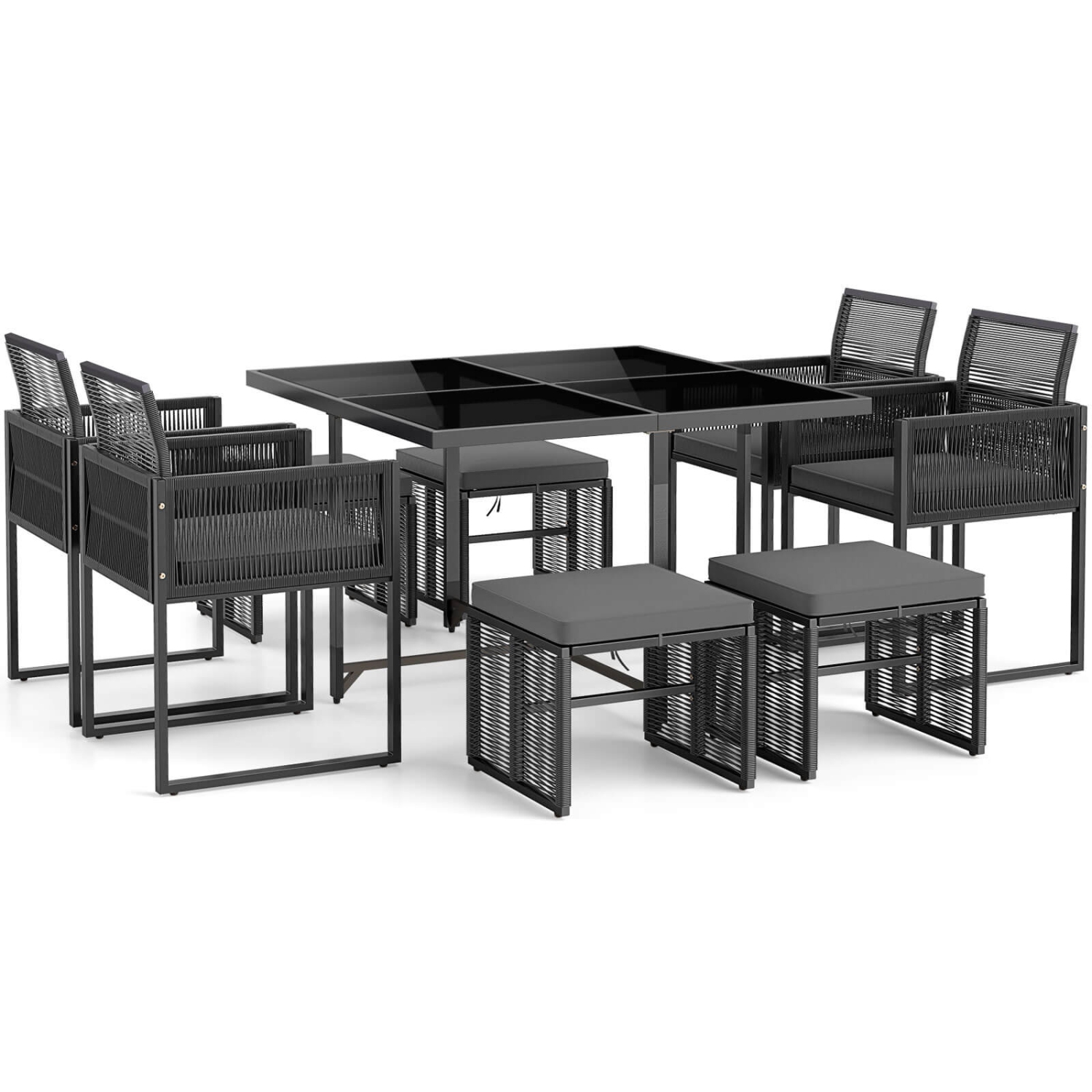 Ensemble de salle à manger de patio 9 PCS de Costway avec chaises en rotin de PE Table en verre trempé et poufs