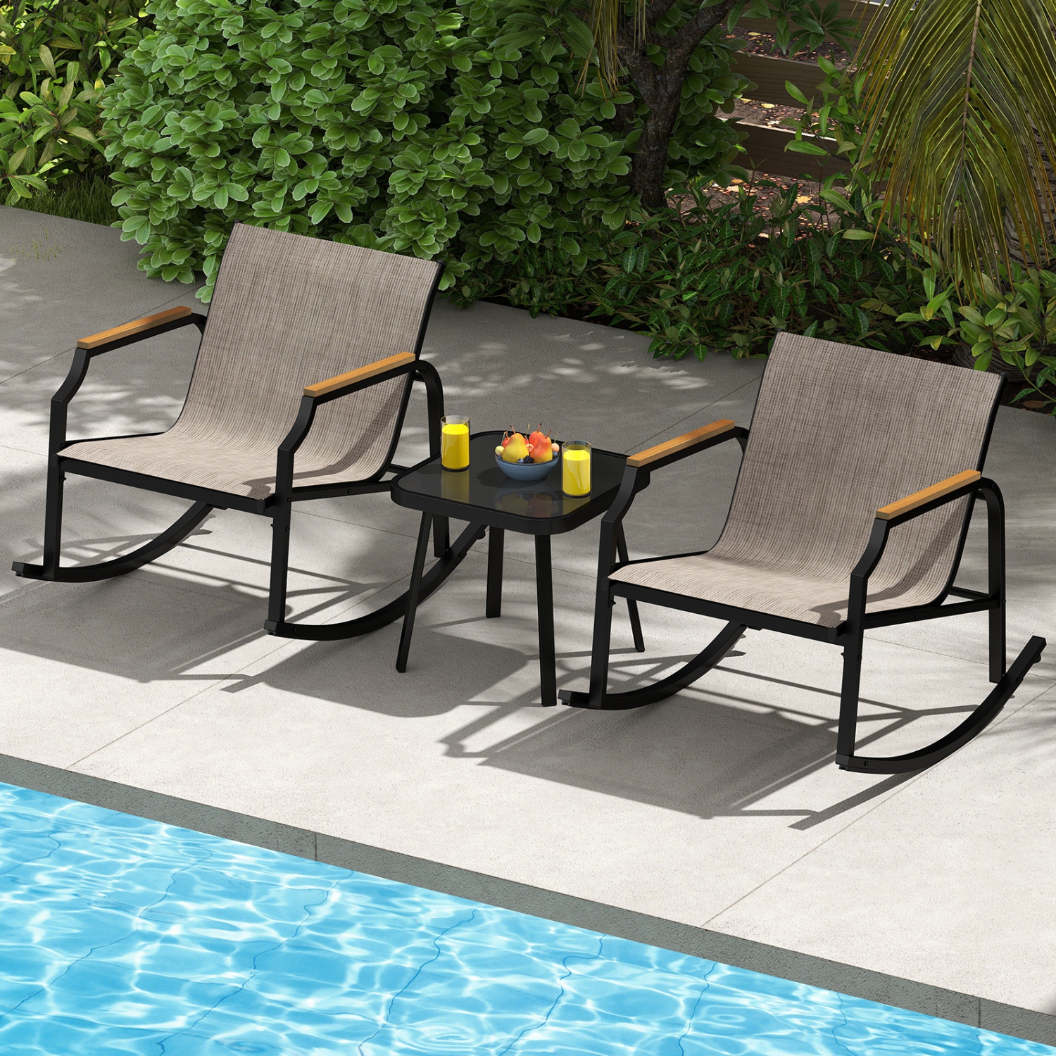 Costway 3 PCS Rocking Bistro Set Outdoor Conversation Set with Porch Rocking Chairs