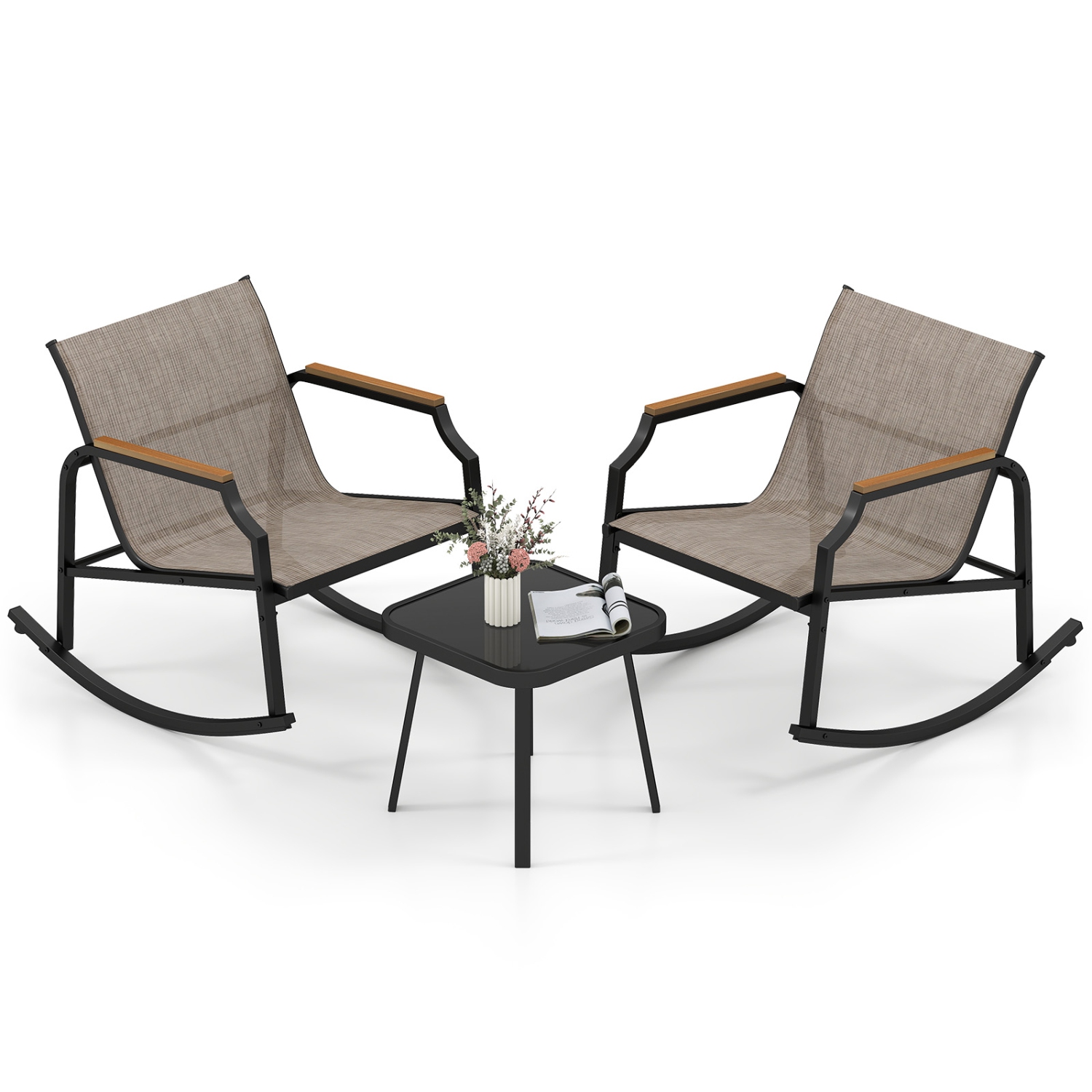 Costway 3 PCS Rocking Bistro Set Outdoor Conversation Set with Porch Rocking Chairs