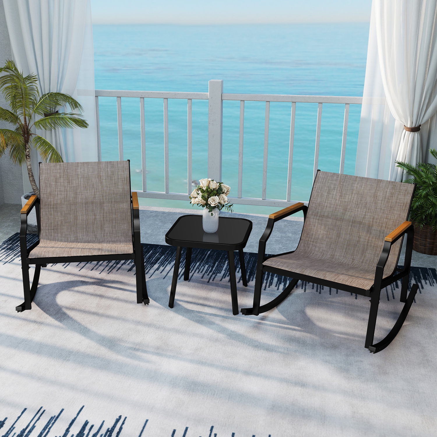 Costway 3 PCS Rocking Bistro Set Outdoor Conversation Set with Porch Rocking Chairs