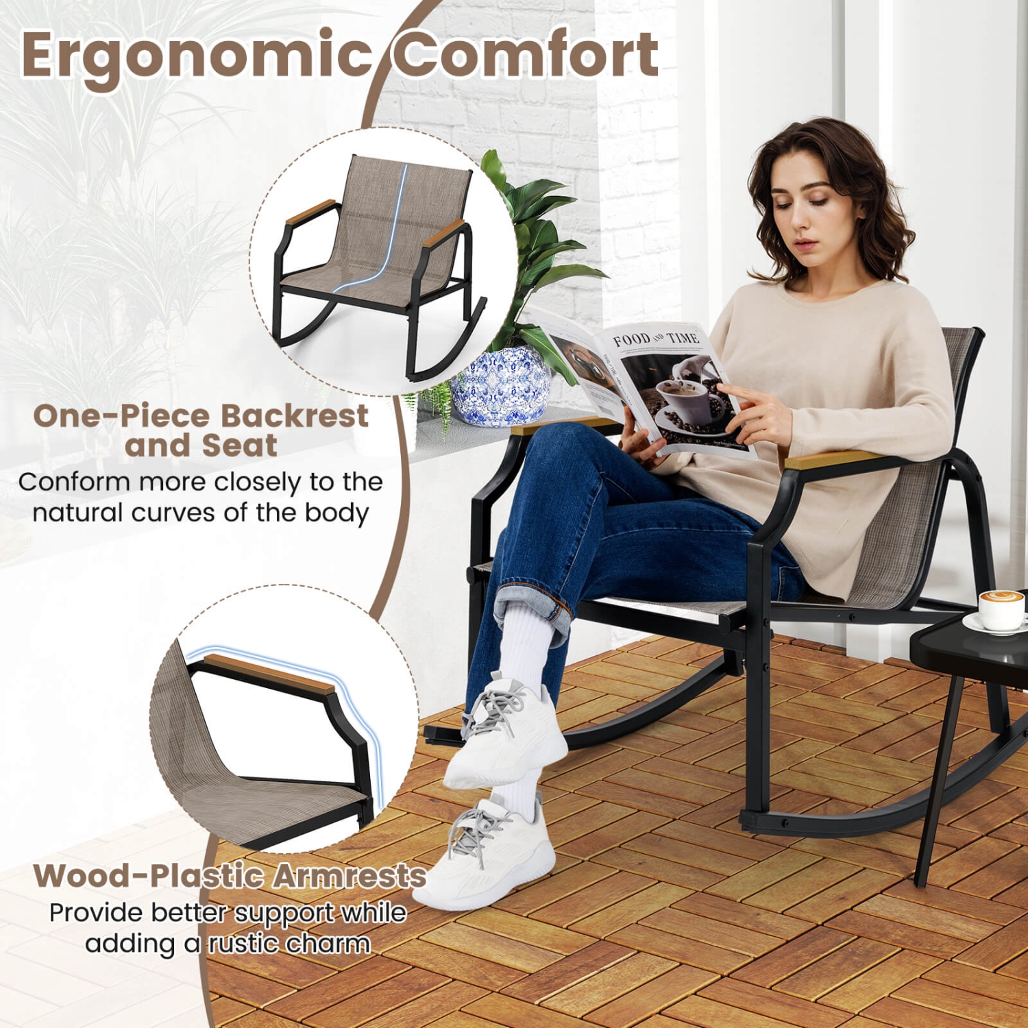 Costway 3 PCS Rocking Bistro Set Outdoor Conversation Set with Porch Rocking Chairs