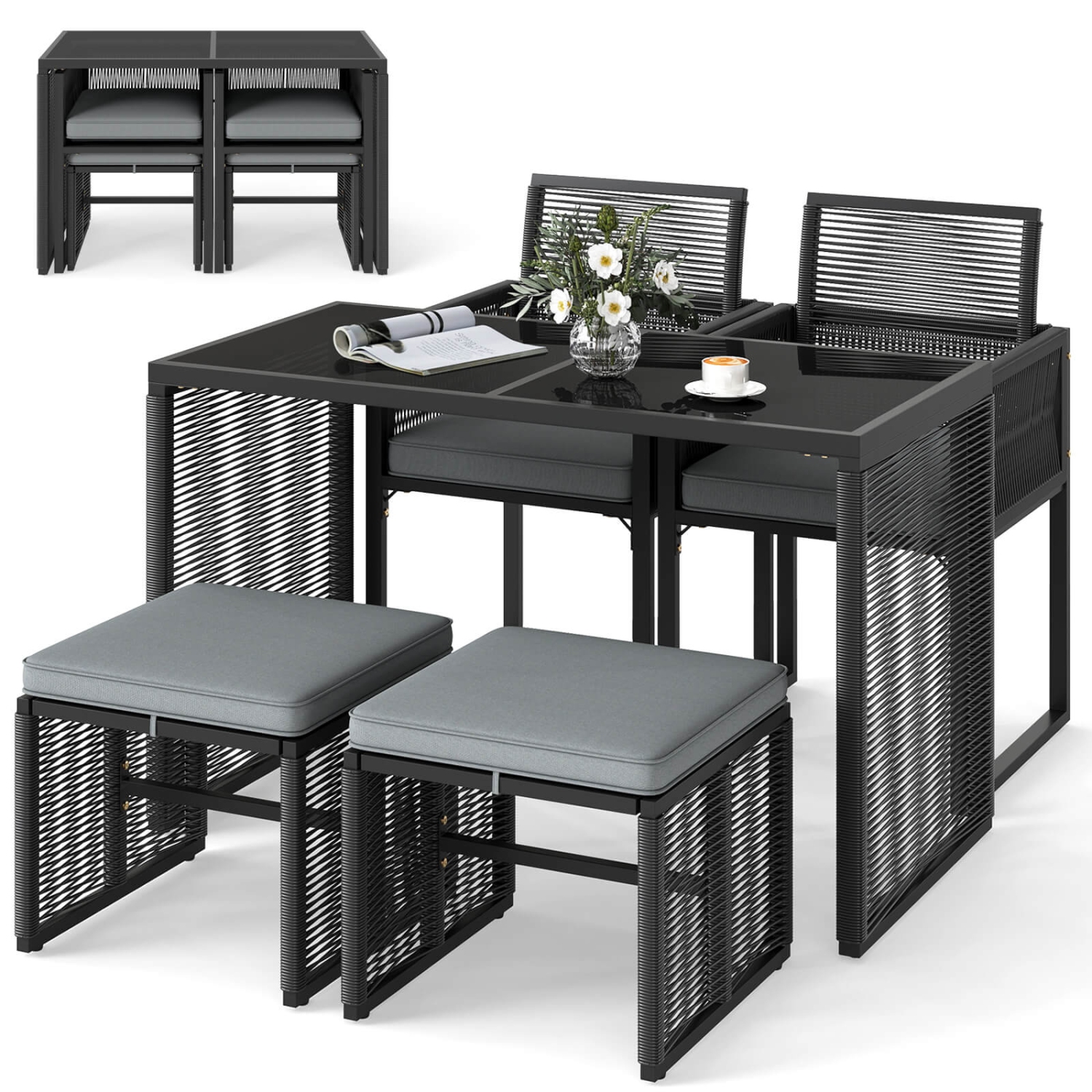 Costway 5 PCS PE Wicker Patio Dining Set Outdoor Conversation Set with Cushions