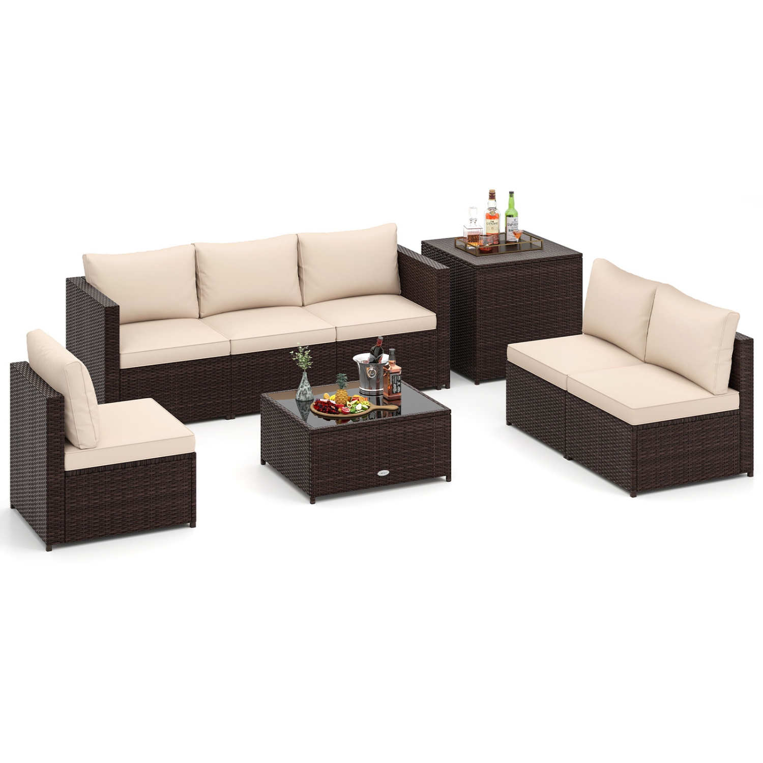 Costway 8 PCS Patio Furniture Set with Storage Box & Tempered Glass Coffee Table Beige