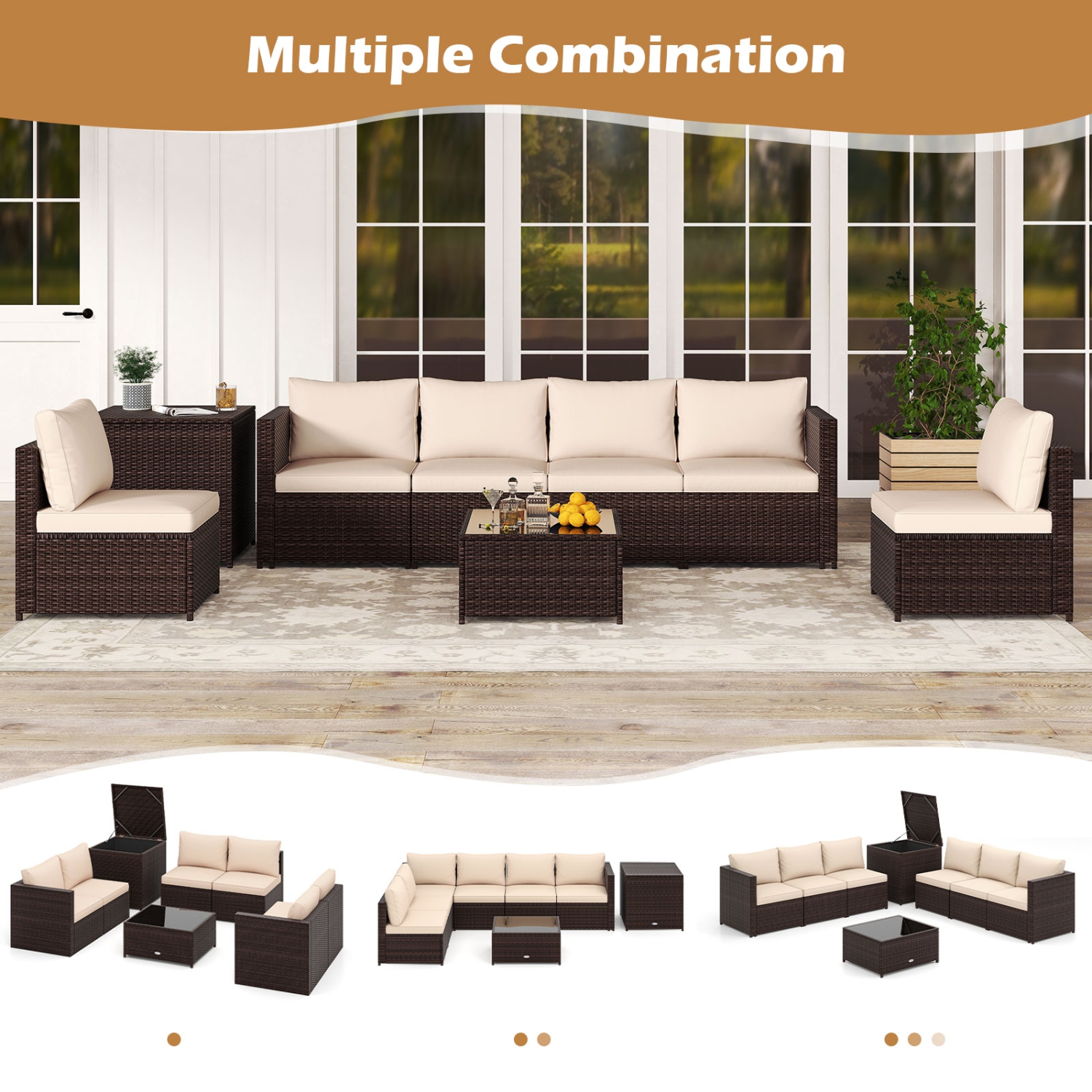 Costway 8 PCS Patio Furniture Set with Storage Box & Tempered Glass Coffee Table Beige