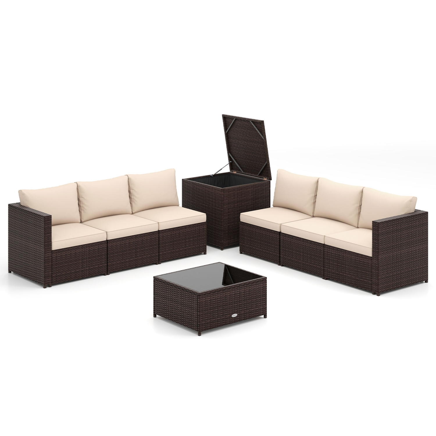 Costway 8 PCS Patio Furniture Set with Storage Box & Tempered Glass Coffee Table Beige