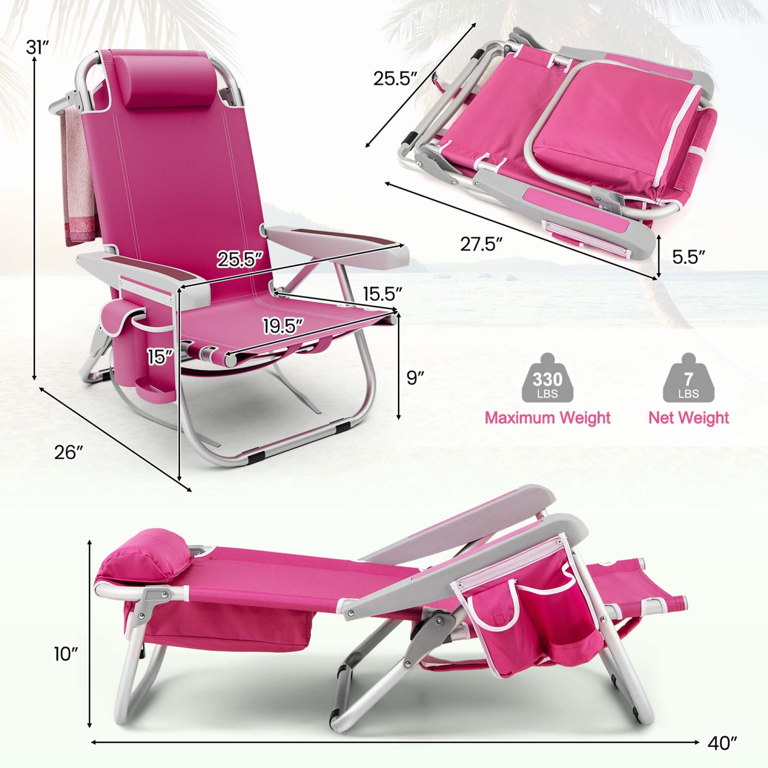 Chaise de plage pliante 1/2 PCS de Goplus pour chaise de camping en aluminium léger adulte avec sac de rangement bleu/rouge