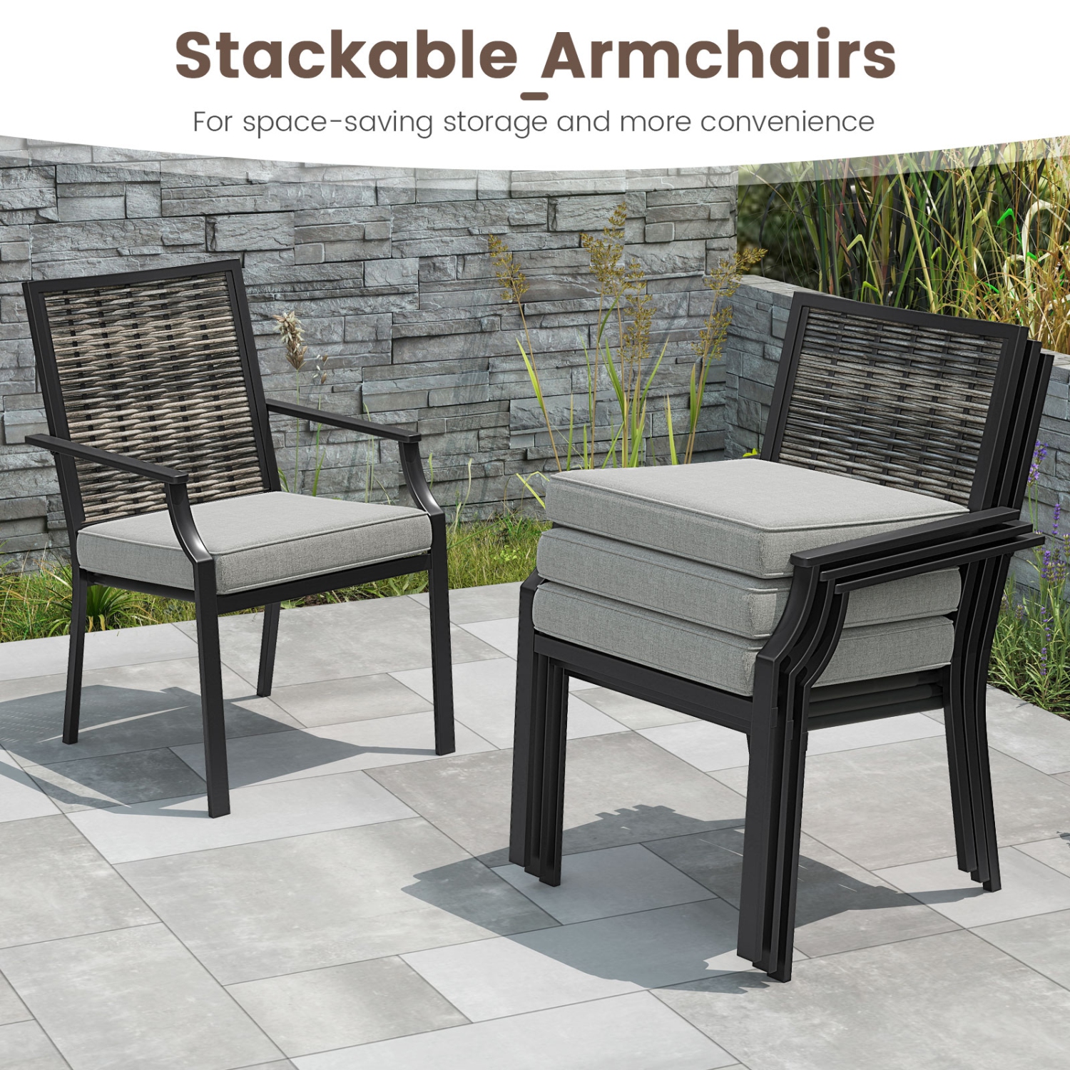 Costway Patio Wicker Chairs Set of 2/4 Stackable Rattan Armchairs with Removable Cushions