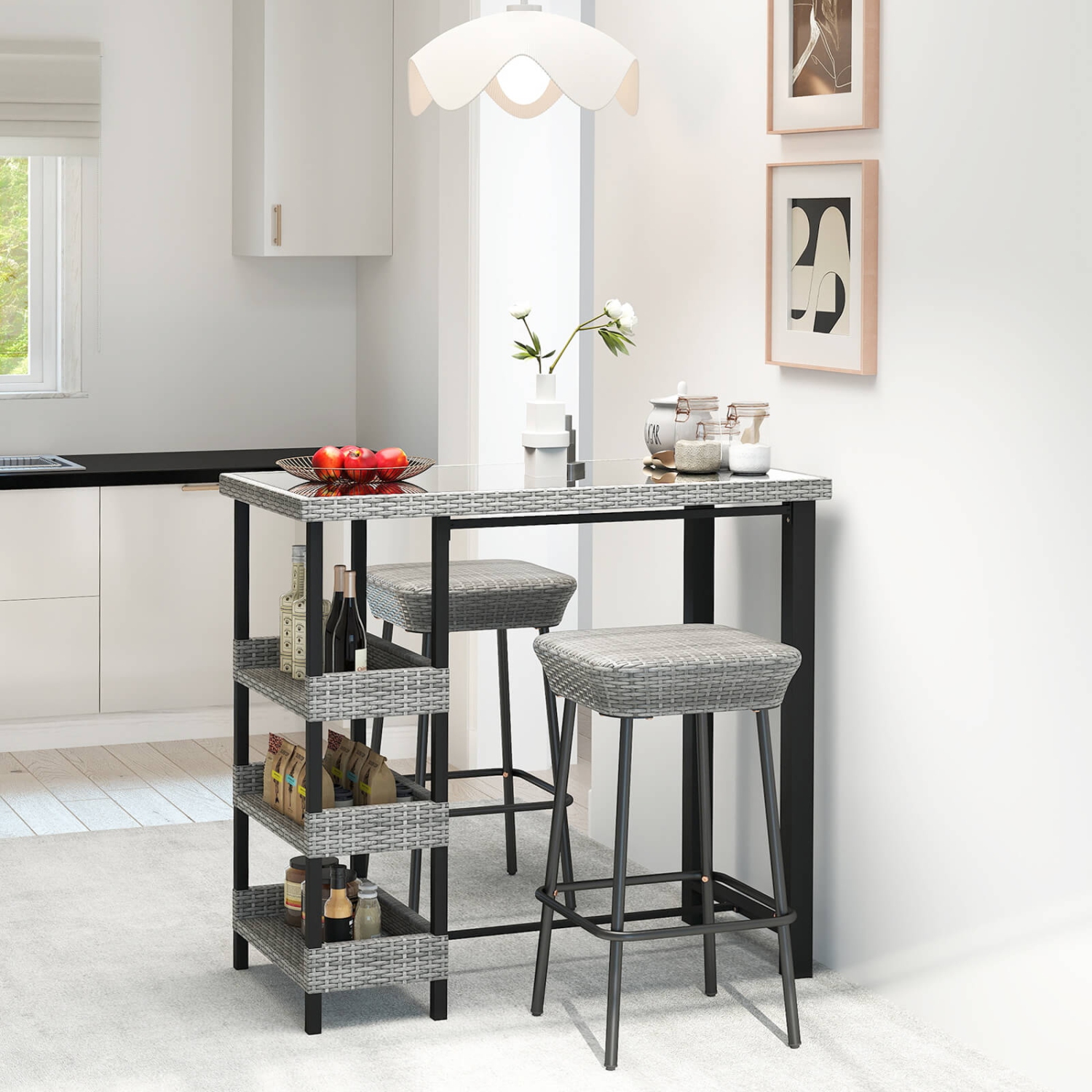 Costway 43.5" Outdoor Bar Table with Tempered Glass Top & 3 Rattan Shelves Storage