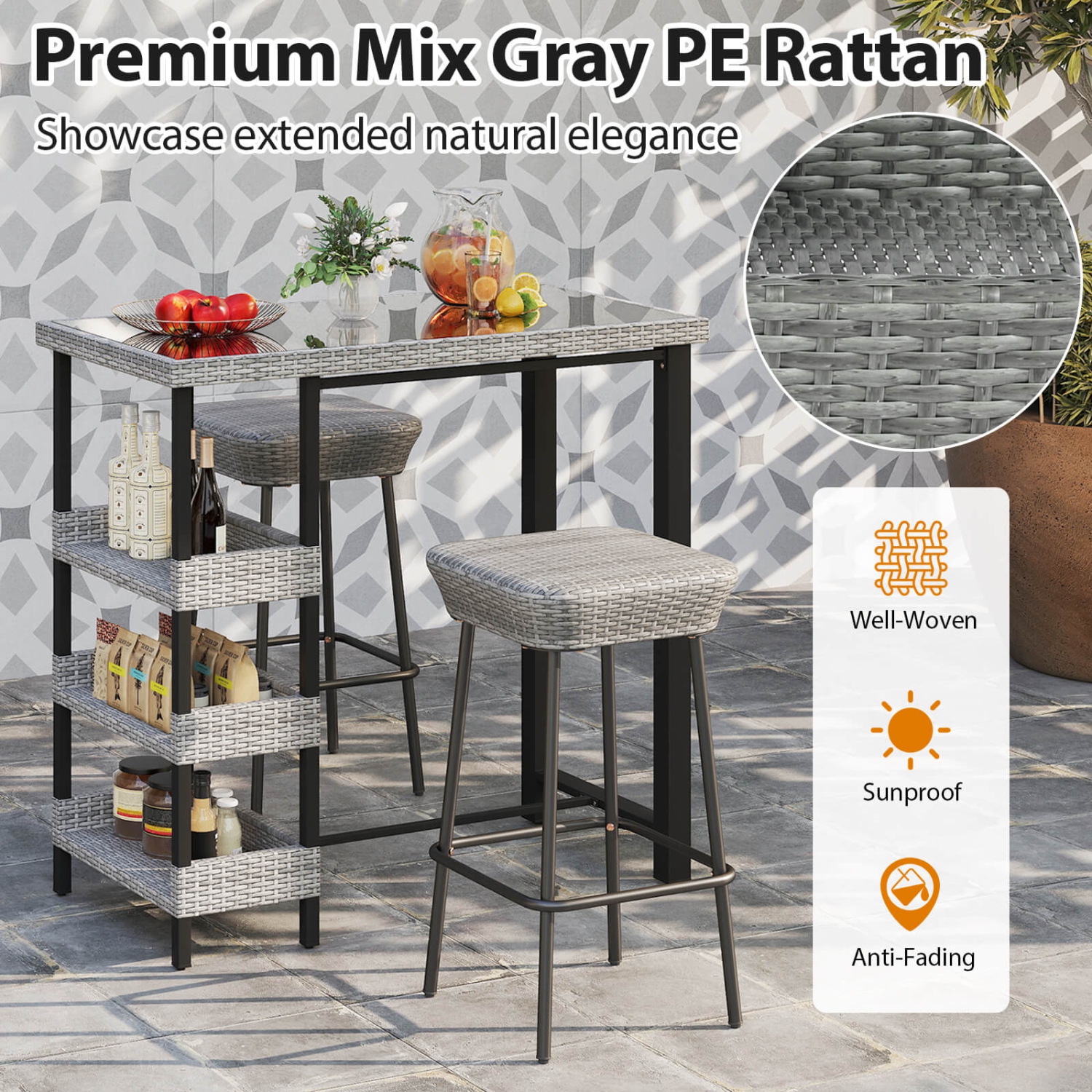 Costway 43.5" Outdoor Bar Table with Tempered Glass Top & 3 Rattan Shelves Storage