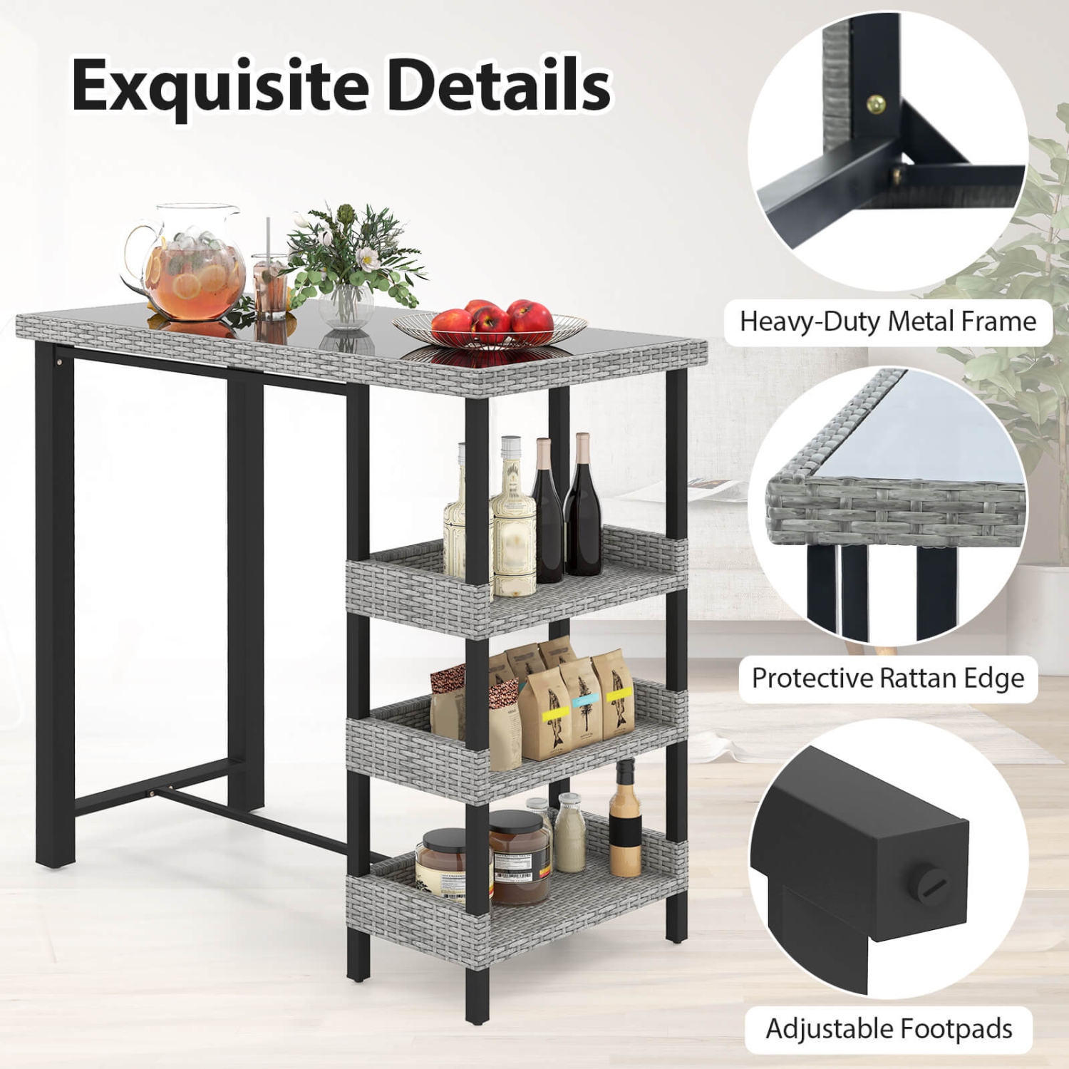 Costway 43.5" Outdoor Bar Table with Tempered Glass Top & 3 Rattan Shelves Storage