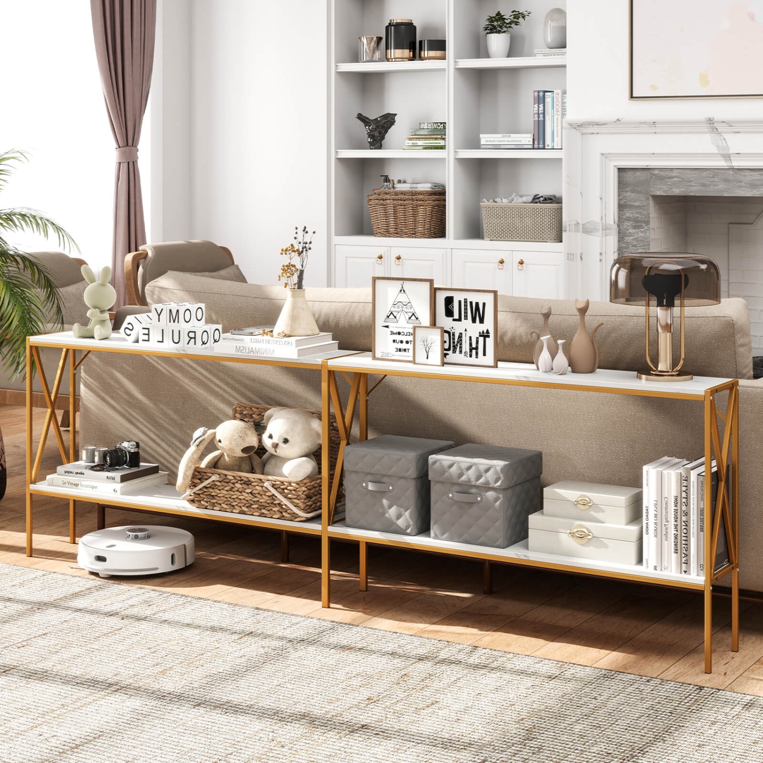 Costway Narrow Console Table 2-Tier Entryway Table with Storage 2 Support Bars Sofa Table Brown/White