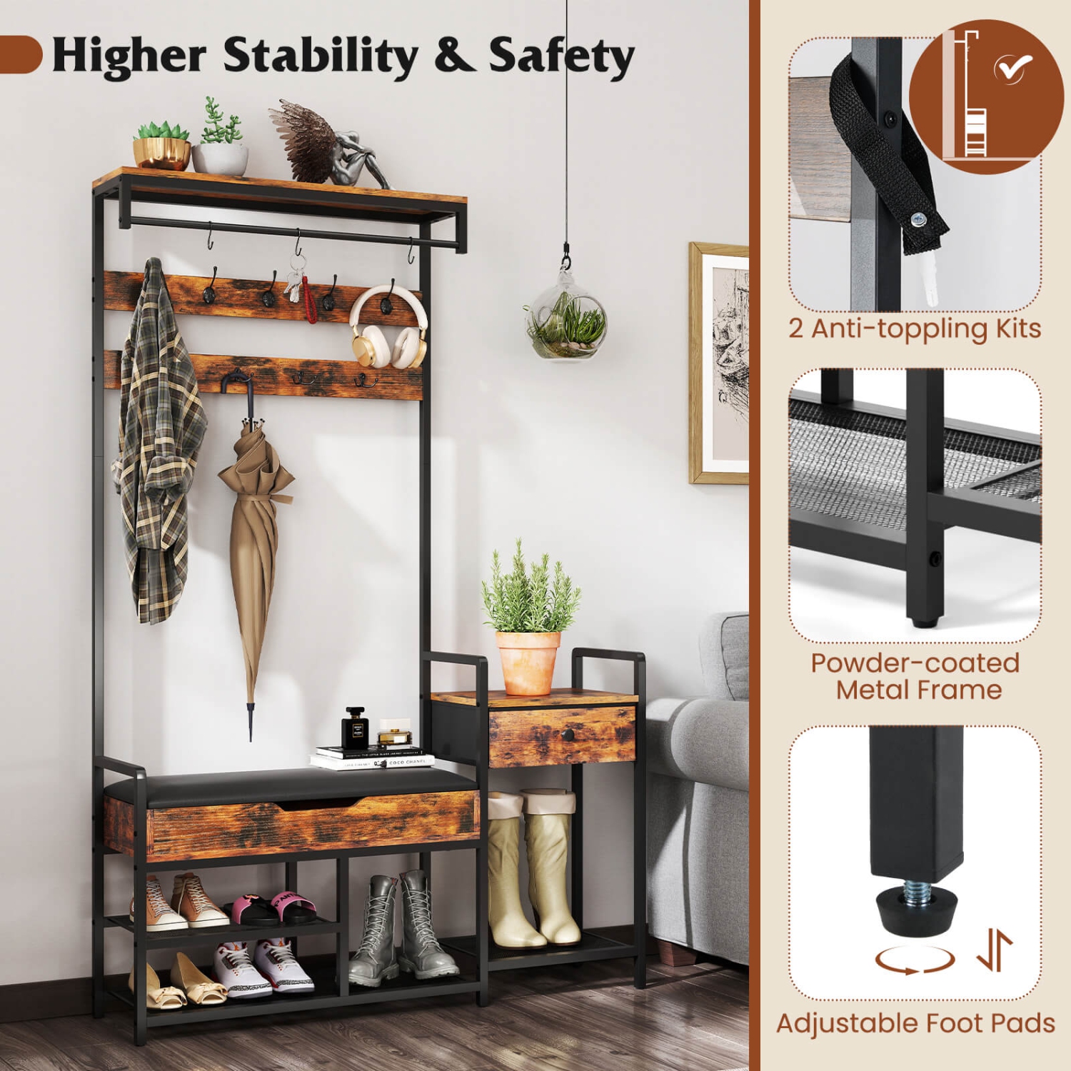 Costway 70" Freestanding Coat Rack with Shoe Rack 12 Hooks Drawer & Storage Shelf