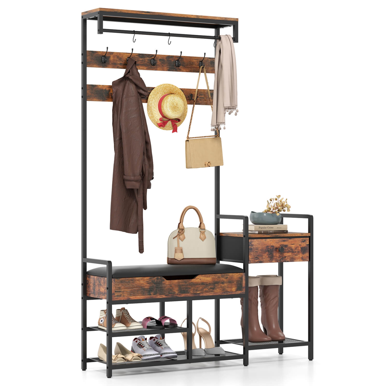 Costway 70" Freestanding Coat Rack with Shoe Rack 12 Hooks Drawer & Storage Shelf
