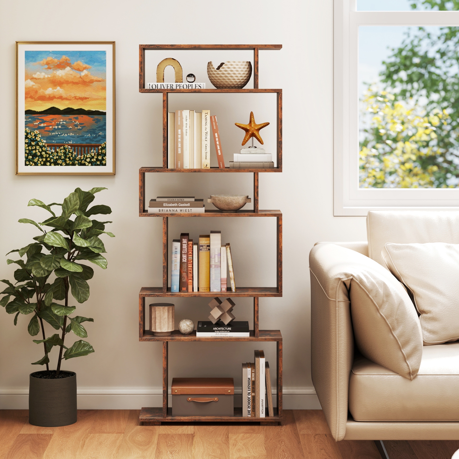 Costway 6-tier Storage Bookshelf S-shaped Geometric Bookcase with Anti-toppling Kits Brown/Black/White/Walnut