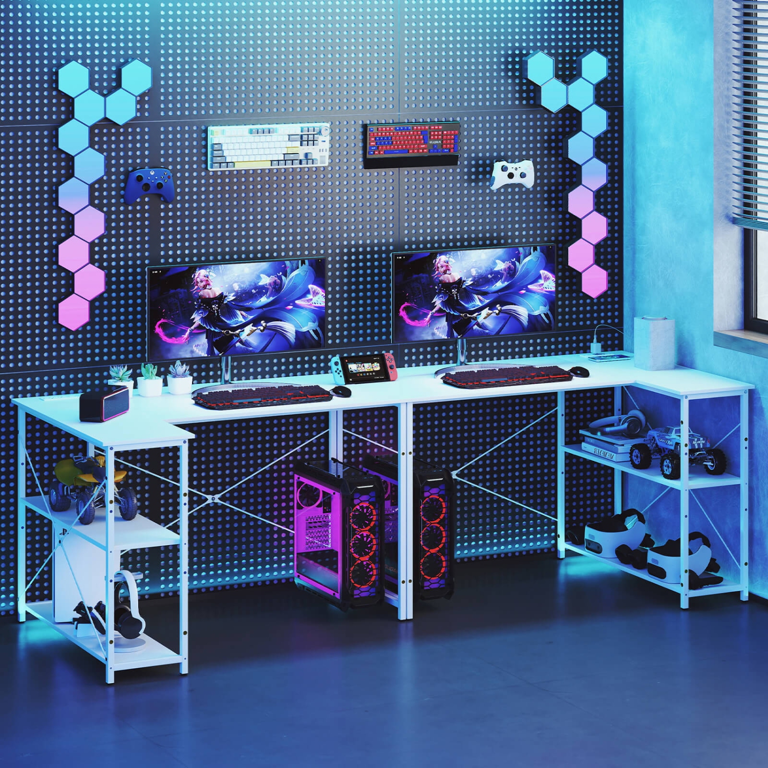 Costway L-Shaped Computer Desk with Power Outlets Adjustable shelf Heavy-Duty Metal Frame Brown/White/Black