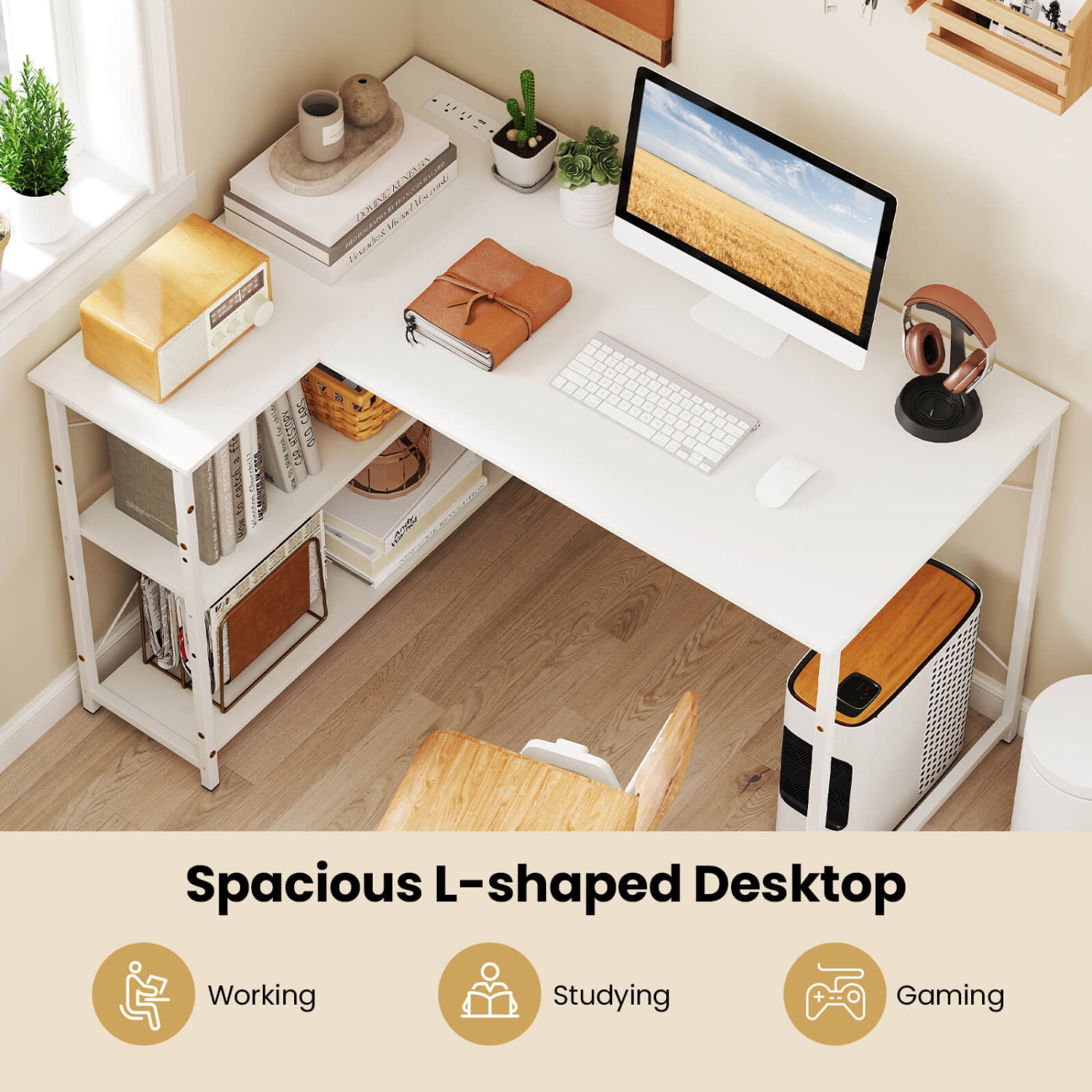 Costway L-Shaped Computer Desk with Power Outlets Adjustable shelf Heavy-Duty Metal Frame Brown/White/Black