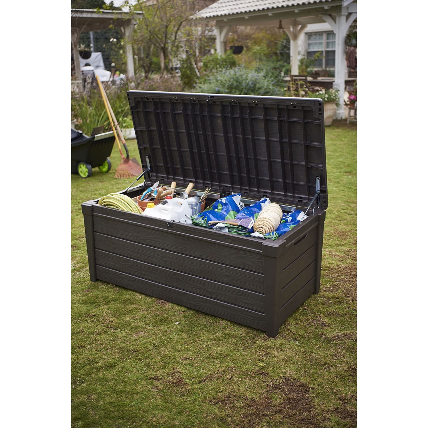 Keter – Banc de rangement pour terrasse en résine résistante aux intempéries Brightwood 120&nbsp;gal, brun