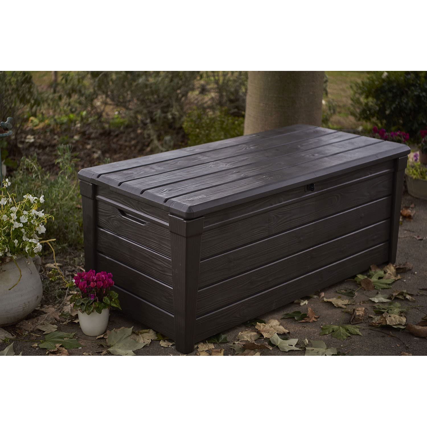 Keter – Banc de rangement pour terrasse en résine résistante aux intempéries Brightwood 120&nbsp;gal, brun