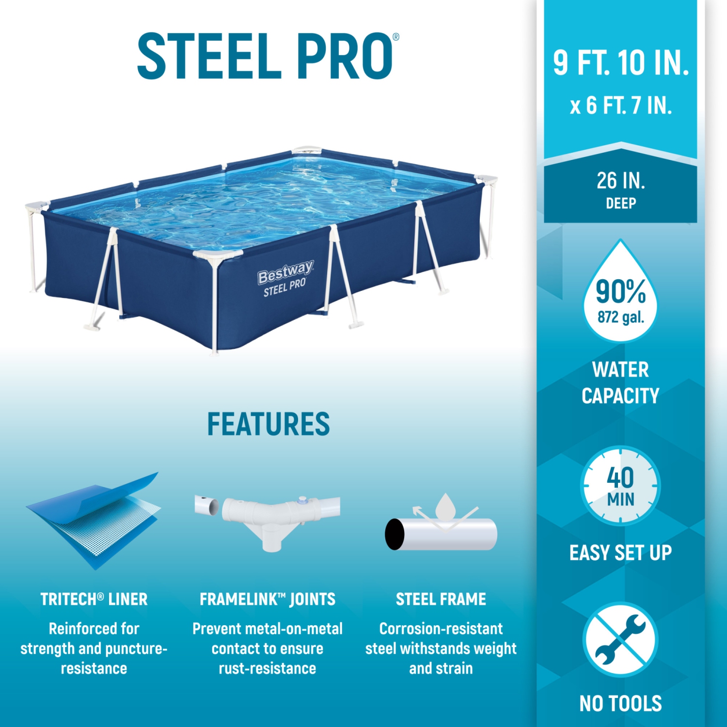 Bestway Steel Pro 9.8' x 6.6' x 26" Rectangular Above Ground Swimming Pool Set