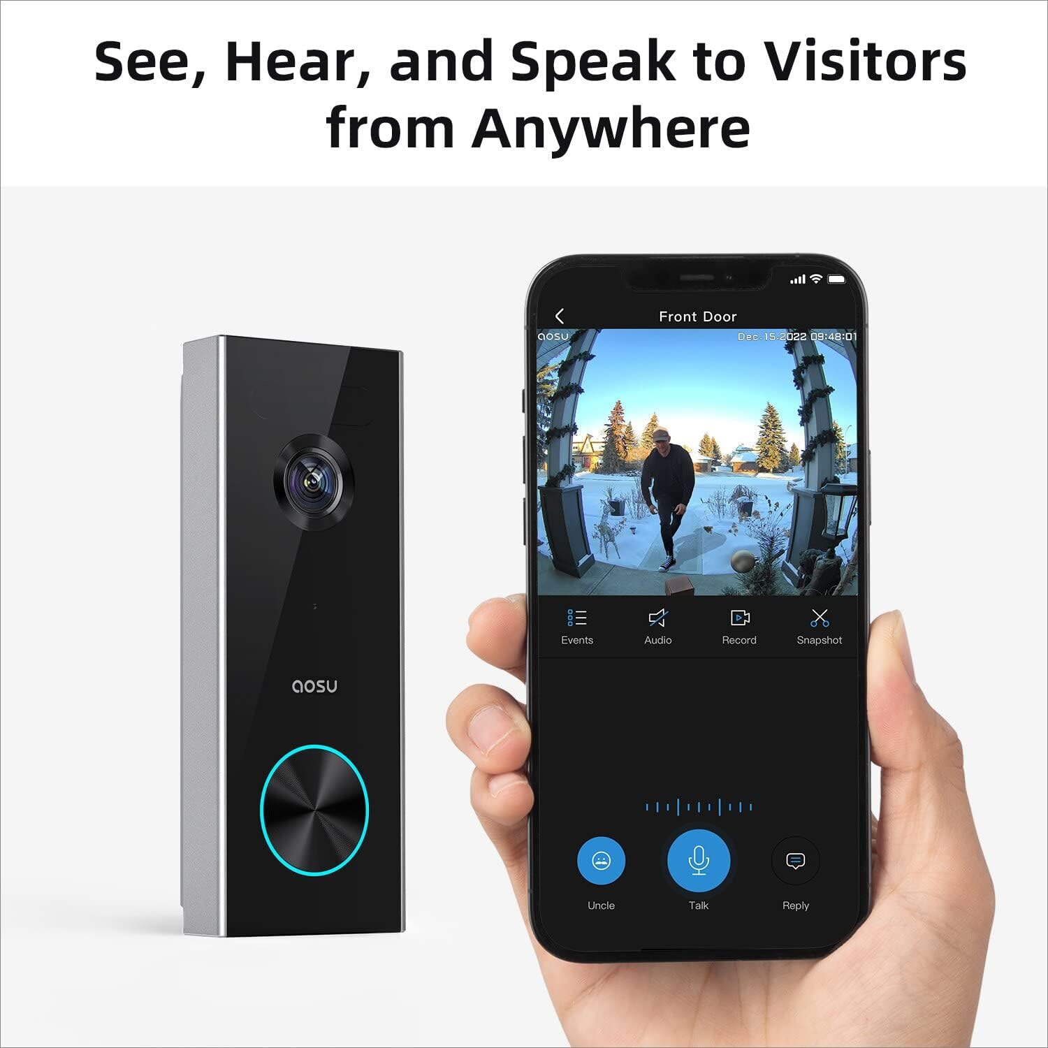 AOSU Battery-Powered Video Doorbell with Chime, 2K Resolution, No Monthly Fees, 2.4GHz WiFi, 180-Day Battery Life, AI Detection