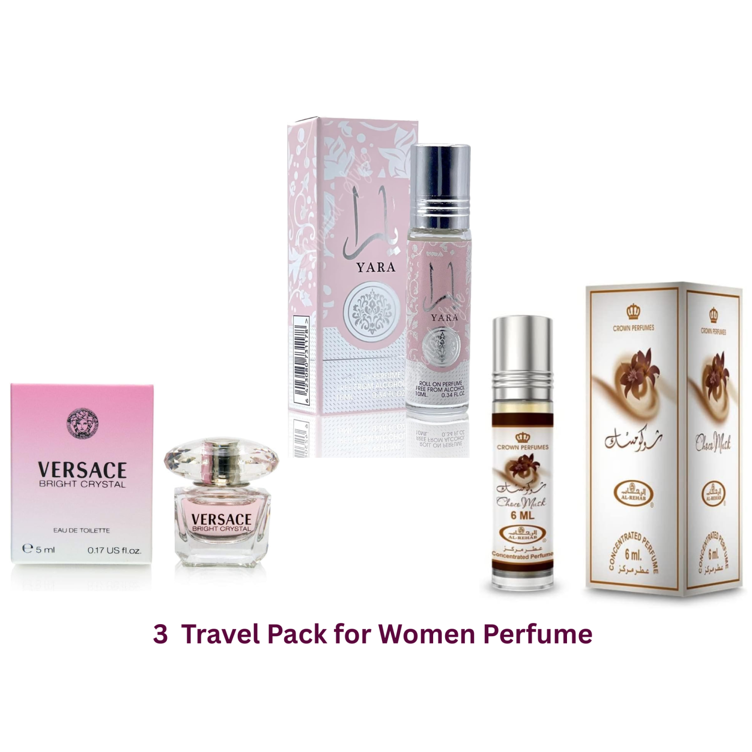 3Travel Pack Yara Perfume Roller 10ml , versace bright crystal 5ml & Choco Musk 6ml Perfume Oil