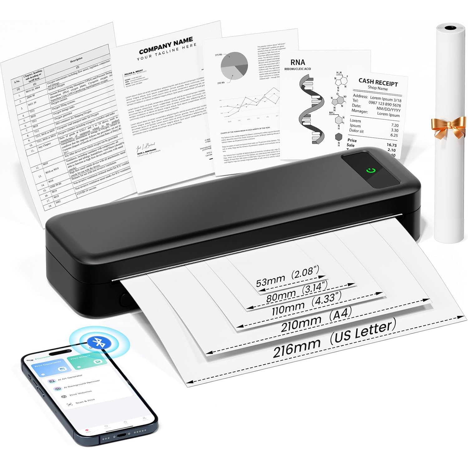 TATTMUSE Portable Thermal Printer - Bluetooth Wireless Inkless Printer for Phone, Laptop, A4, and 8.5" x 11" Paper, Compact Mobile Printer for