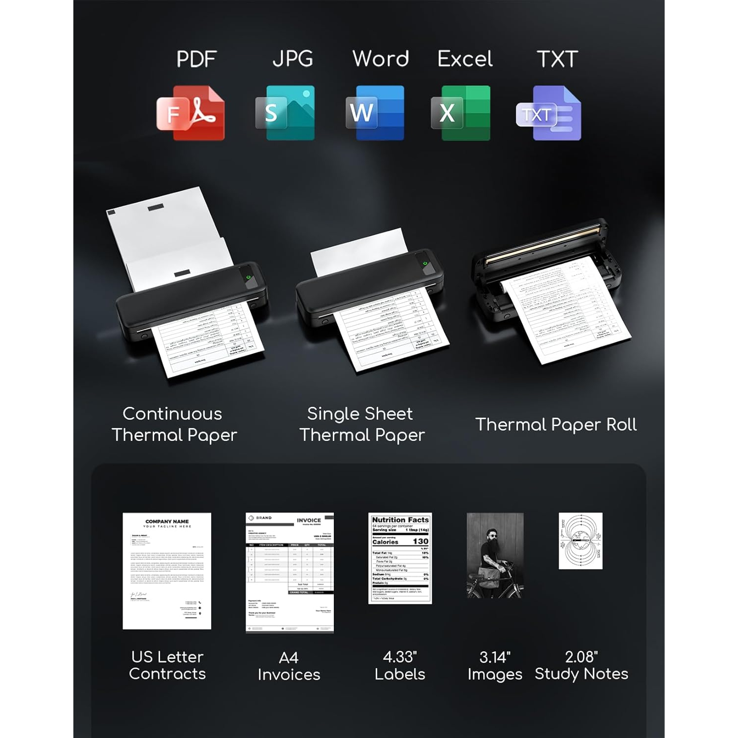 TATTMUSE Portable Thermal Printer - Bluetooth Wireless Inkless Printer for Phone, Laptop, A4, and 8.5" x 11" Paper, Compact Mobile Printer for