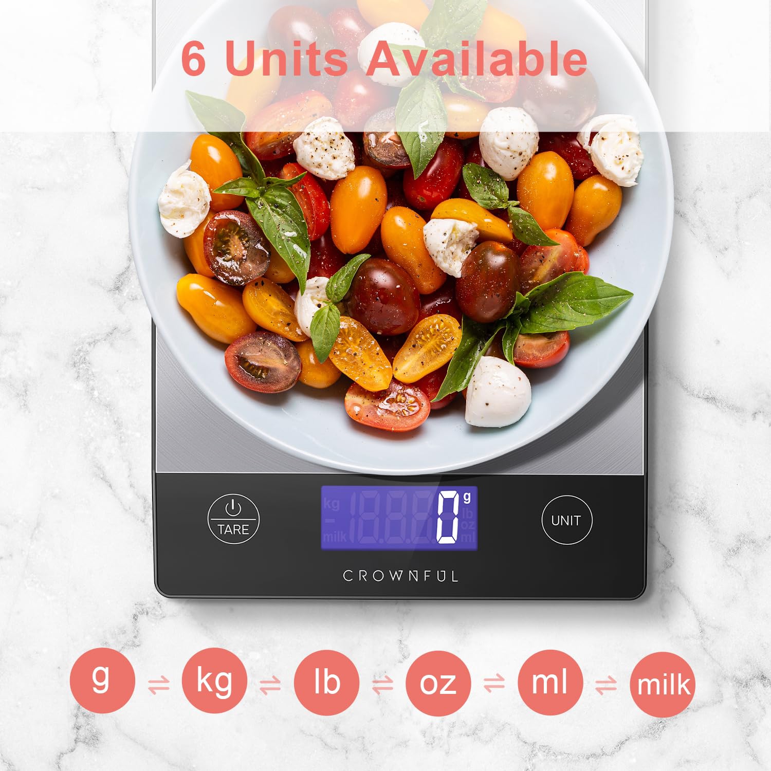 CROWNFUL Rechargeable 304 Stainless Steel Digital Food Scale - Up to 33lb, LCD Display, Type-C Charging for Cooking and Baking