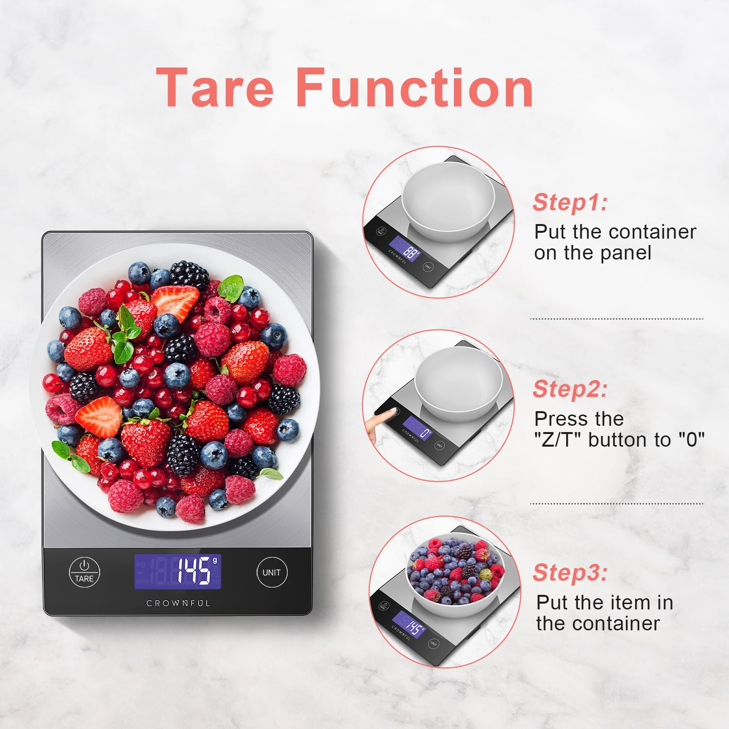 CROWNFUL Rechargeable 304 Stainless Steel Digital Food Scale - Up to 33lb, LCD Display, Type-C Charging for Cooking and Baking
