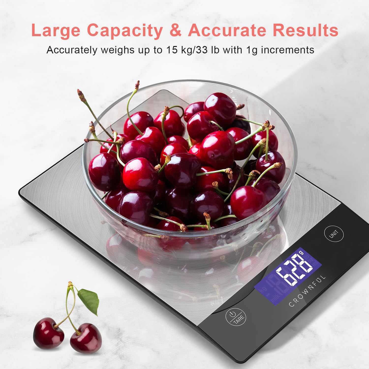 CROWNFUL Rechargeable 304 Stainless Steel Digital Food Scale - Up to 33lb, LCD Display, Type-C Charging for Cooking and Baking
