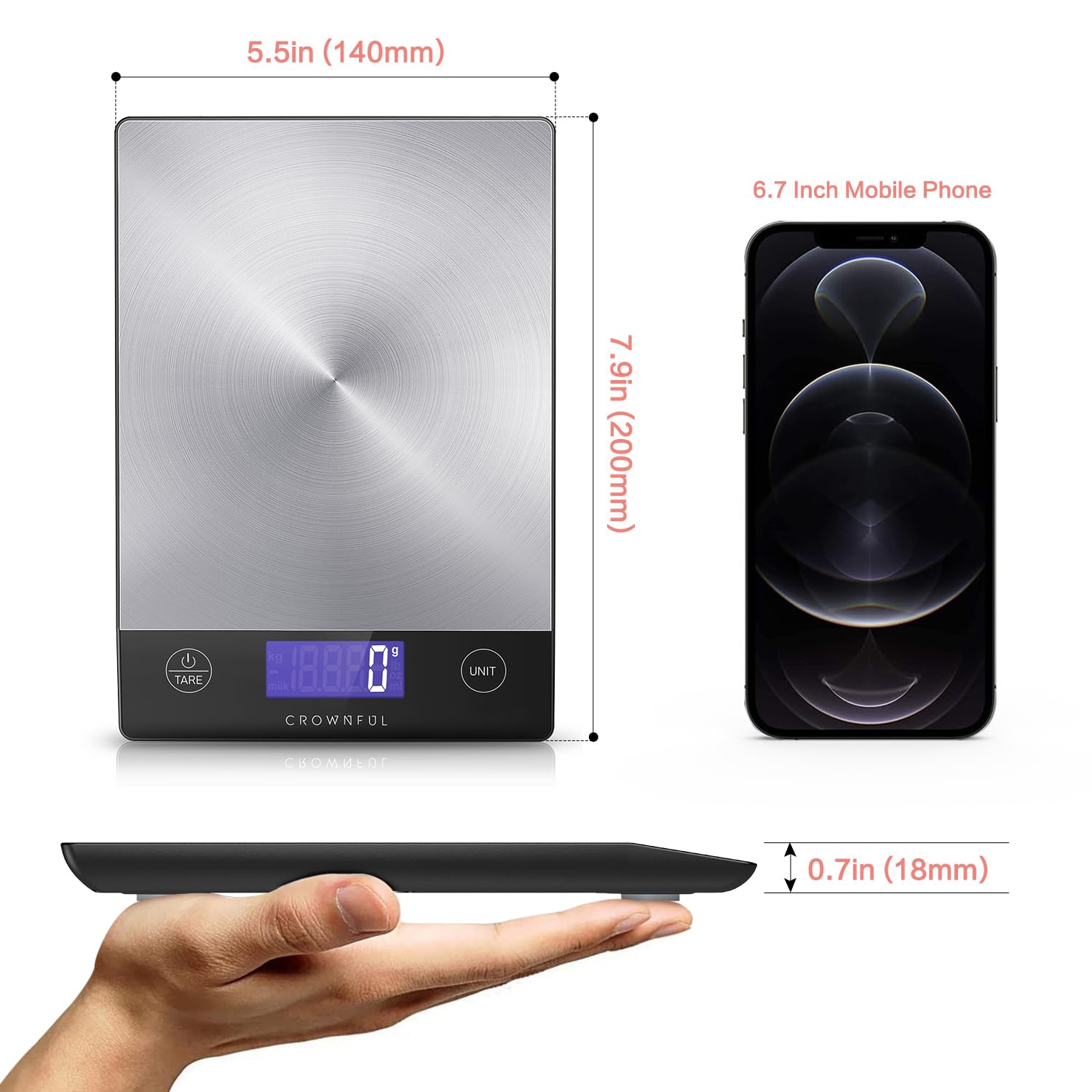 CROWNFUL Rechargeable 304 Stainless Steel Digital Food Scale - Up to 33lb, LCD Display, Type-C Charging for Cooking and Baking