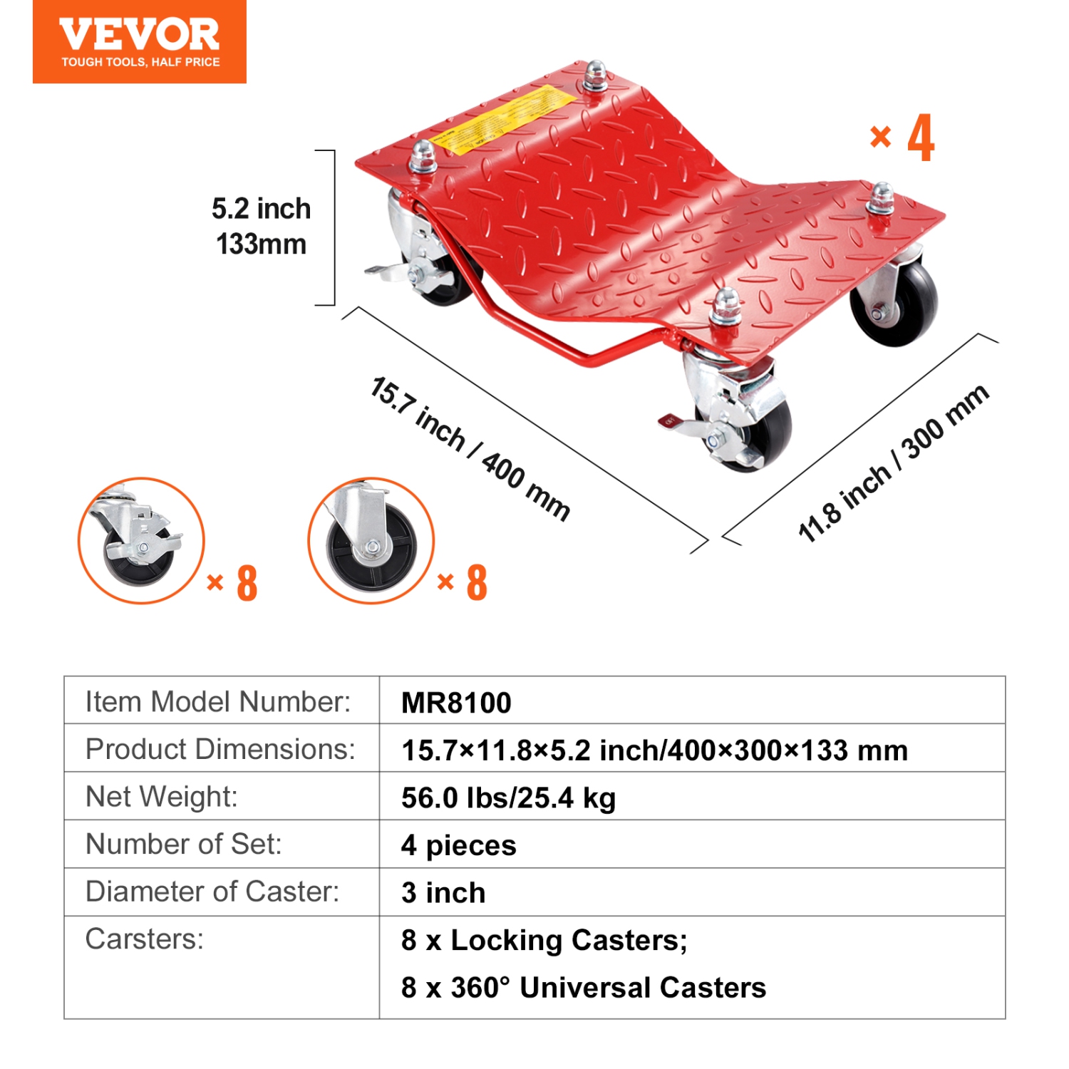 VEVOR 8000 lbs Capacity Wheel Dolly, Heavy-Duty Steel Car Mover, Wheel Dolly Car Tire Stake Set with Brakes, Vehicle Moving Cart Moving Cars, Trucks,