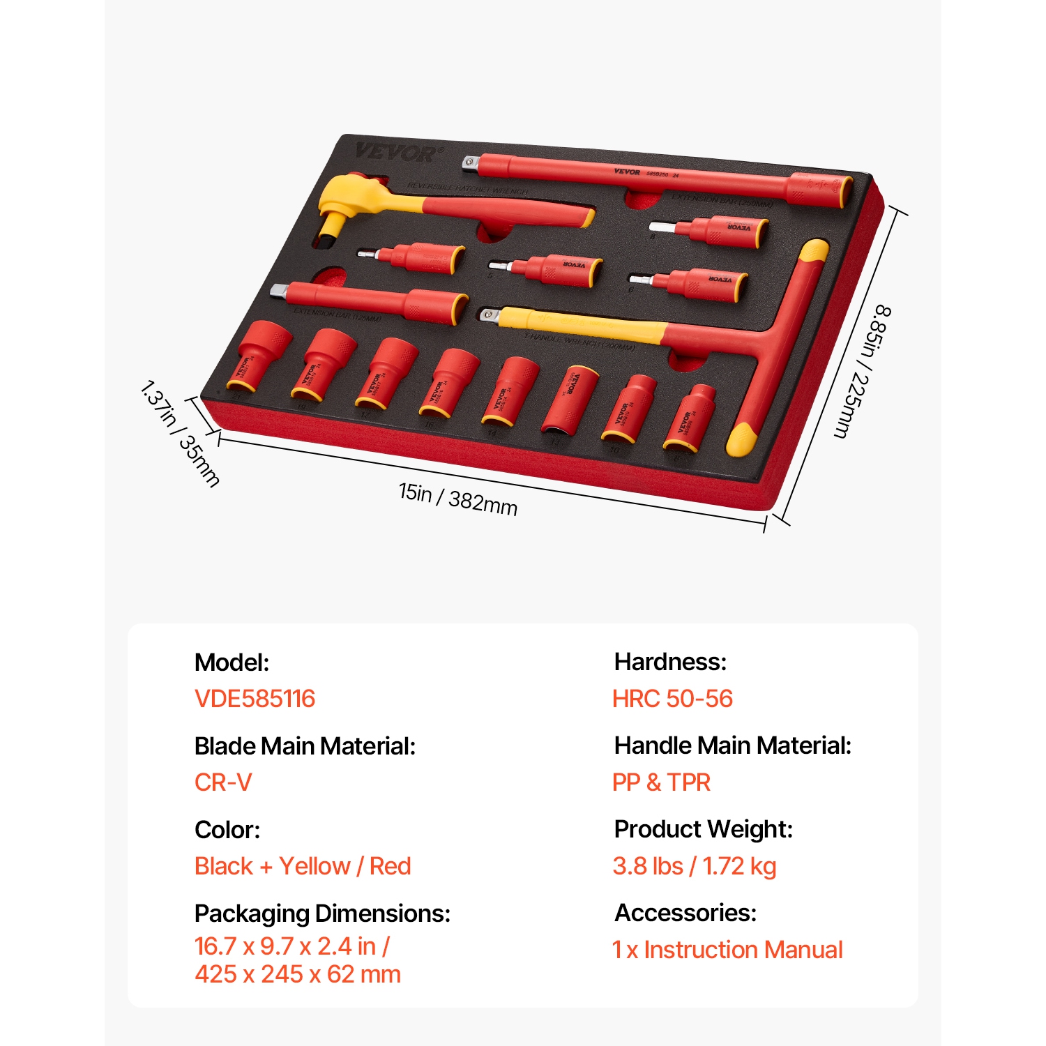 VEVOR 16-Piece Insulated Socket Set, Insulated Wrench Tool Set, 1000V Insulated Socket Tool, with Sockets, T-Handle Wrench, Drive Rachet, Extensions,