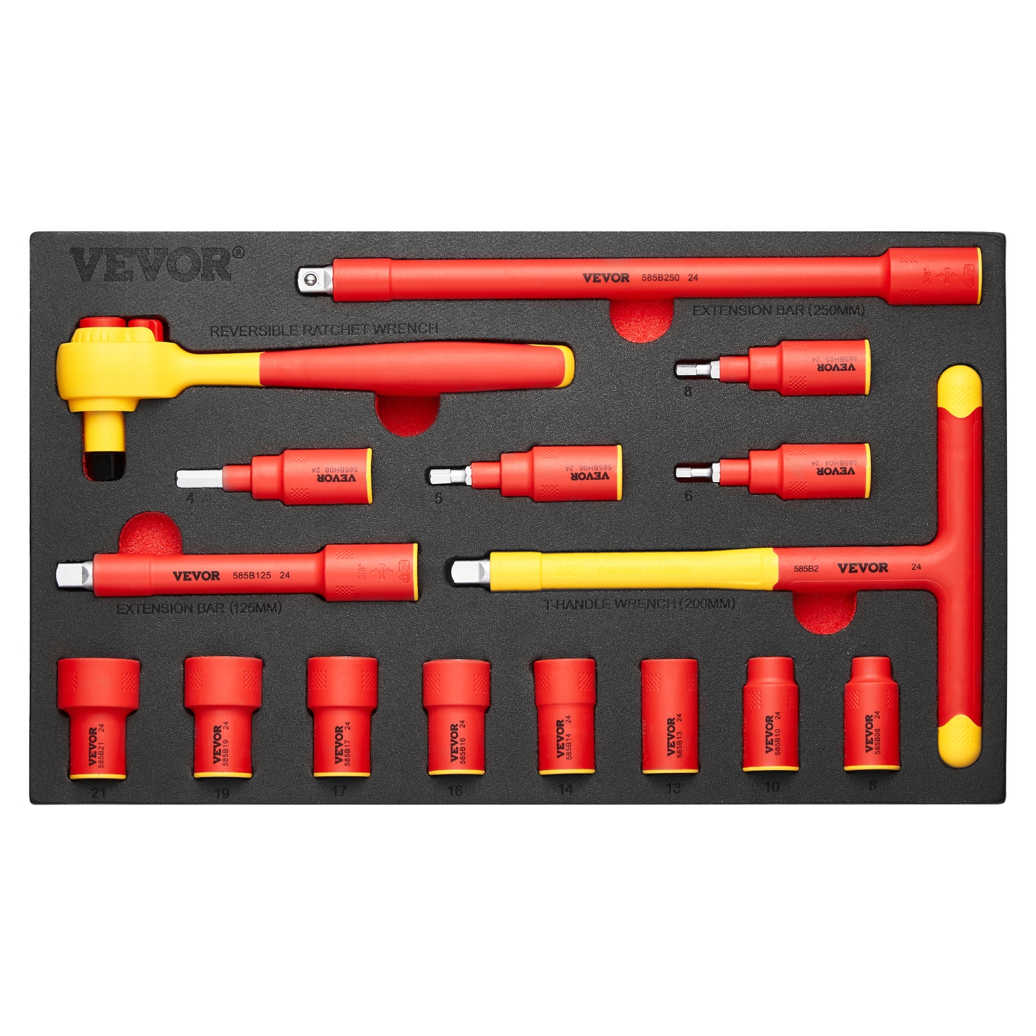 VEVOR 16-Piece Insulated Socket Set, Insulated Wrench Tool Set, 1000V Insulated Socket Tool, with Sockets, T-Handle Wrench, Drive Rachet, Extensions,