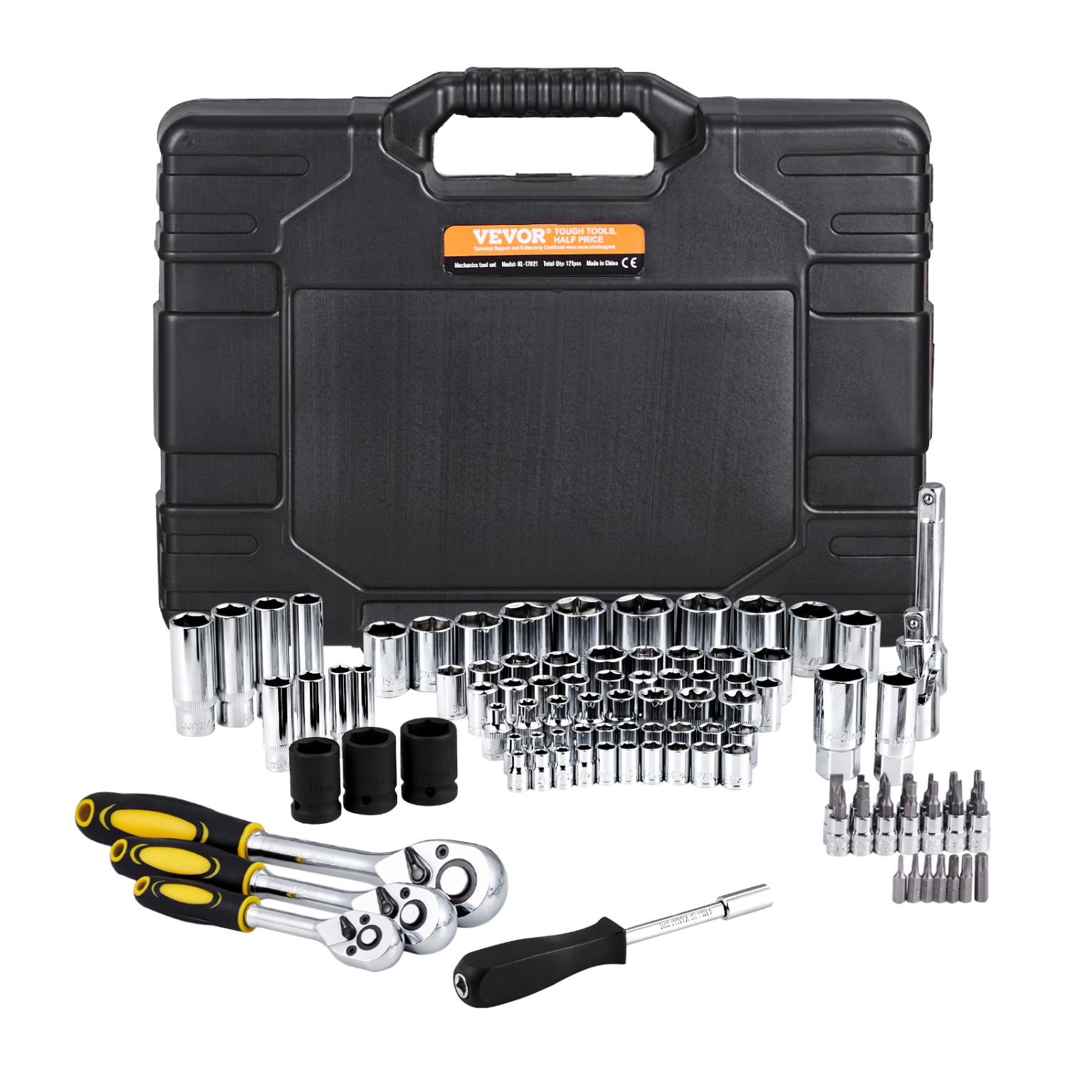 VEVOR 121-Piece Mechanics Tool Set, 1/4" 3/8" 1/2" Drive Sockets, SAE and Metric, with Bits, Wrenches, Ratchet Handle, Accessories, and Plastic