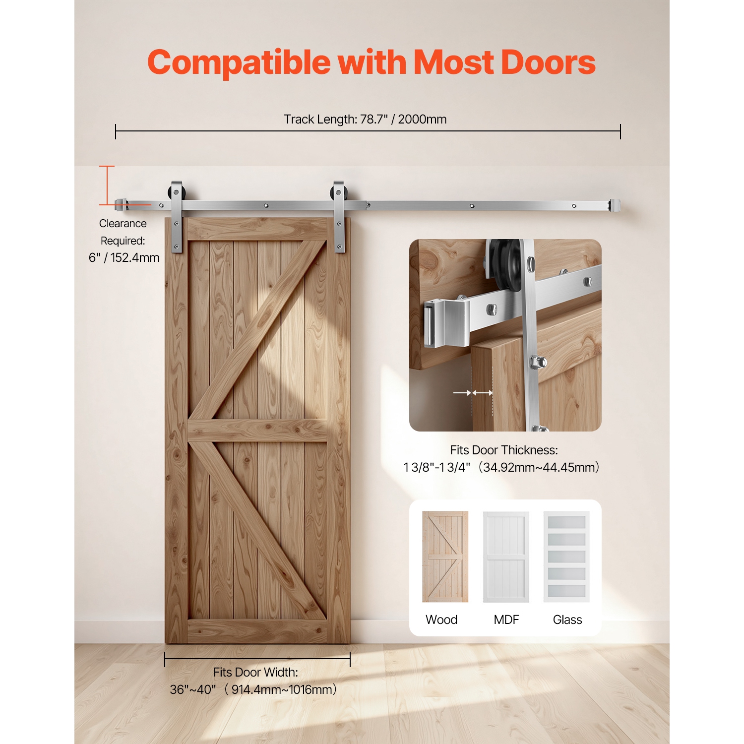 VEVOR 6.6FT Sliding Barn Door Hardware Kit,330 LBS Weight Capacity,Compatible with 36 to 40 Inches Width & 1-3/8 to 1-3/4 Inches Thickness Single