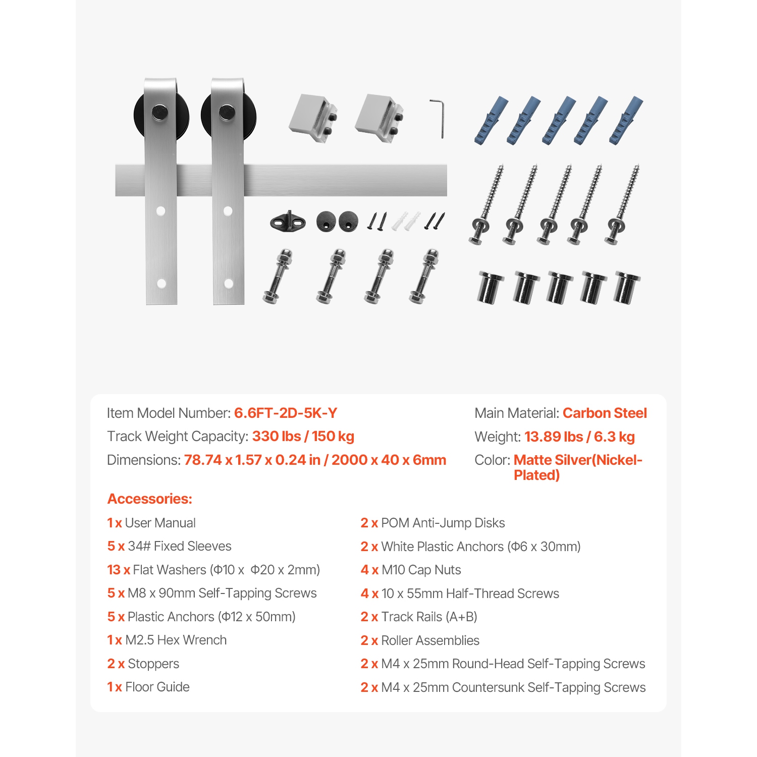 VEVOR 6.6FT Sliding Barn Door Hardware Kit,330 LBS Weight Capacity,Compatible with 36 to 40 Inches Width & 1-3/8 to 1-3/4 Inches Thickness Single