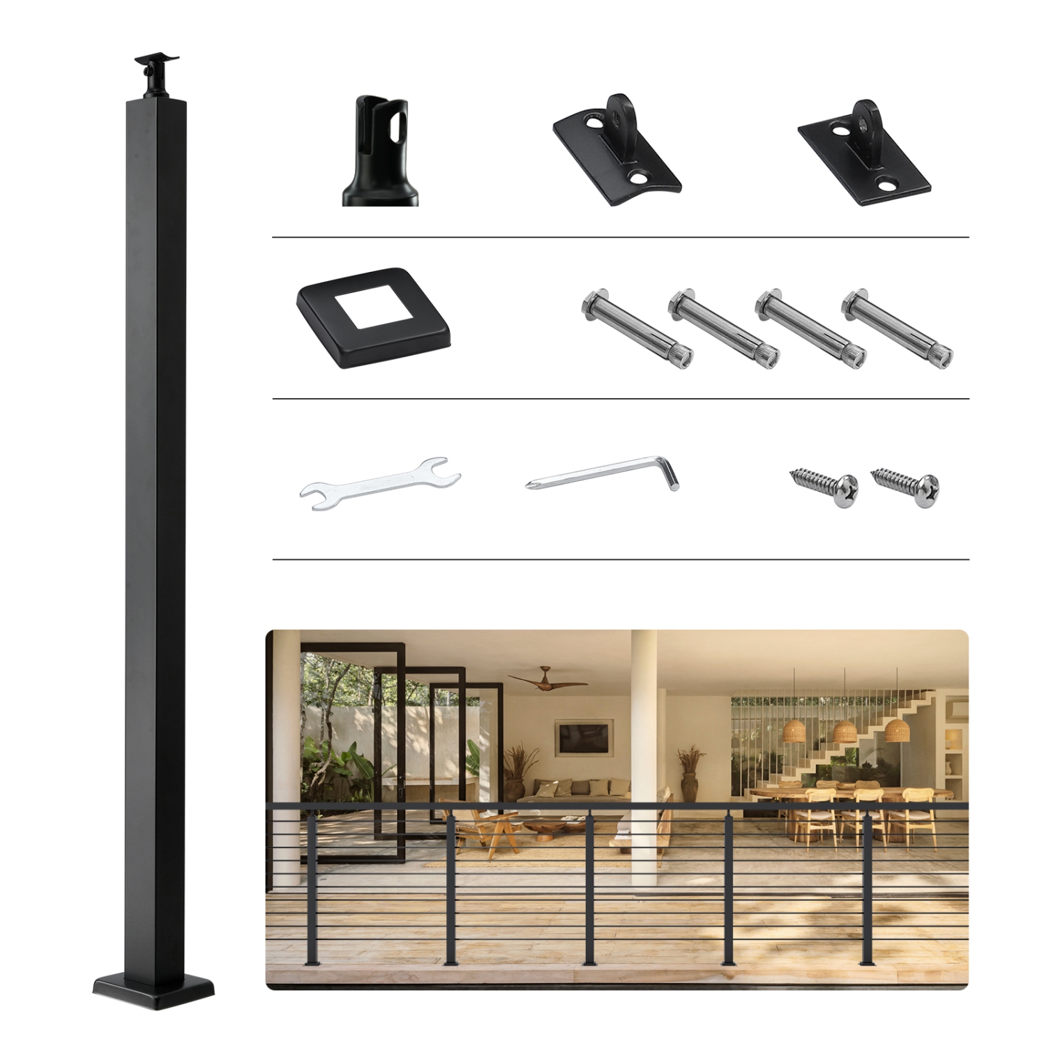 VEVOR 42" x 2" x 2" Steel Level Deck Railing Post Without Holes, SUS304 Stainless Steel Cable Rail Post, Stair Handrail Post with Horizontal and