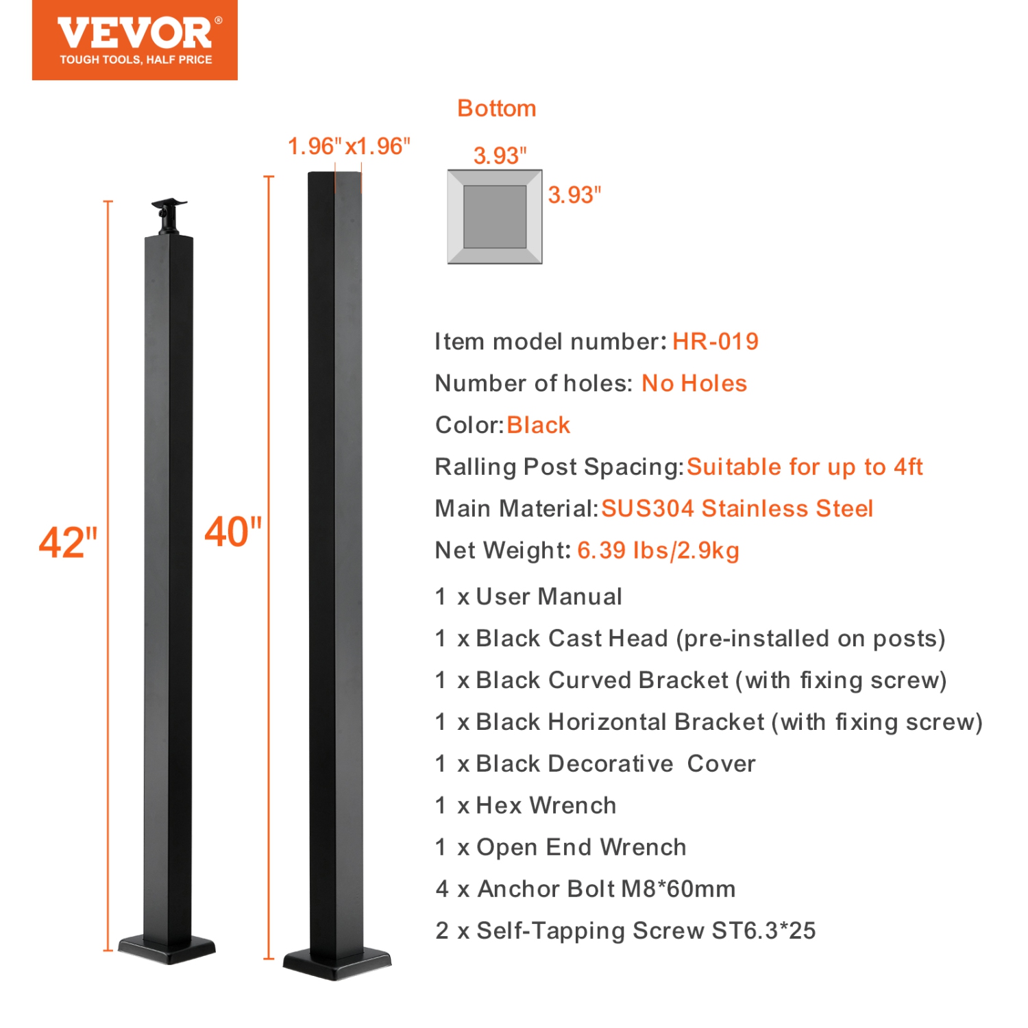 VEVOR 42" x 2" x 2" Steel Level Deck Railing Post Without Holes, SUS304 Stainless Steel Cable Rail Post, Stair Handrail Post with Horizontal and
