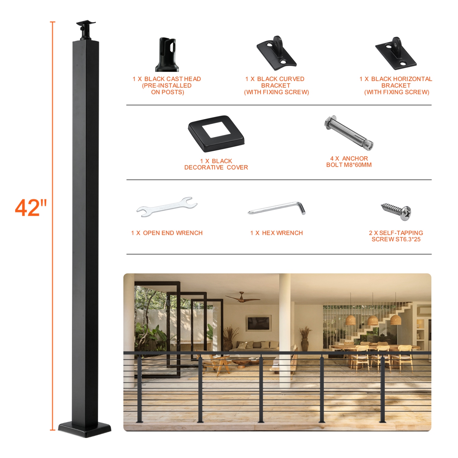 VEVOR 42" x 2" x 2" Steel Level Deck Railing Post Without Holes, SUS304 Stainless Steel Cable Rail Post, Stair Handrail Post with Horizontal and