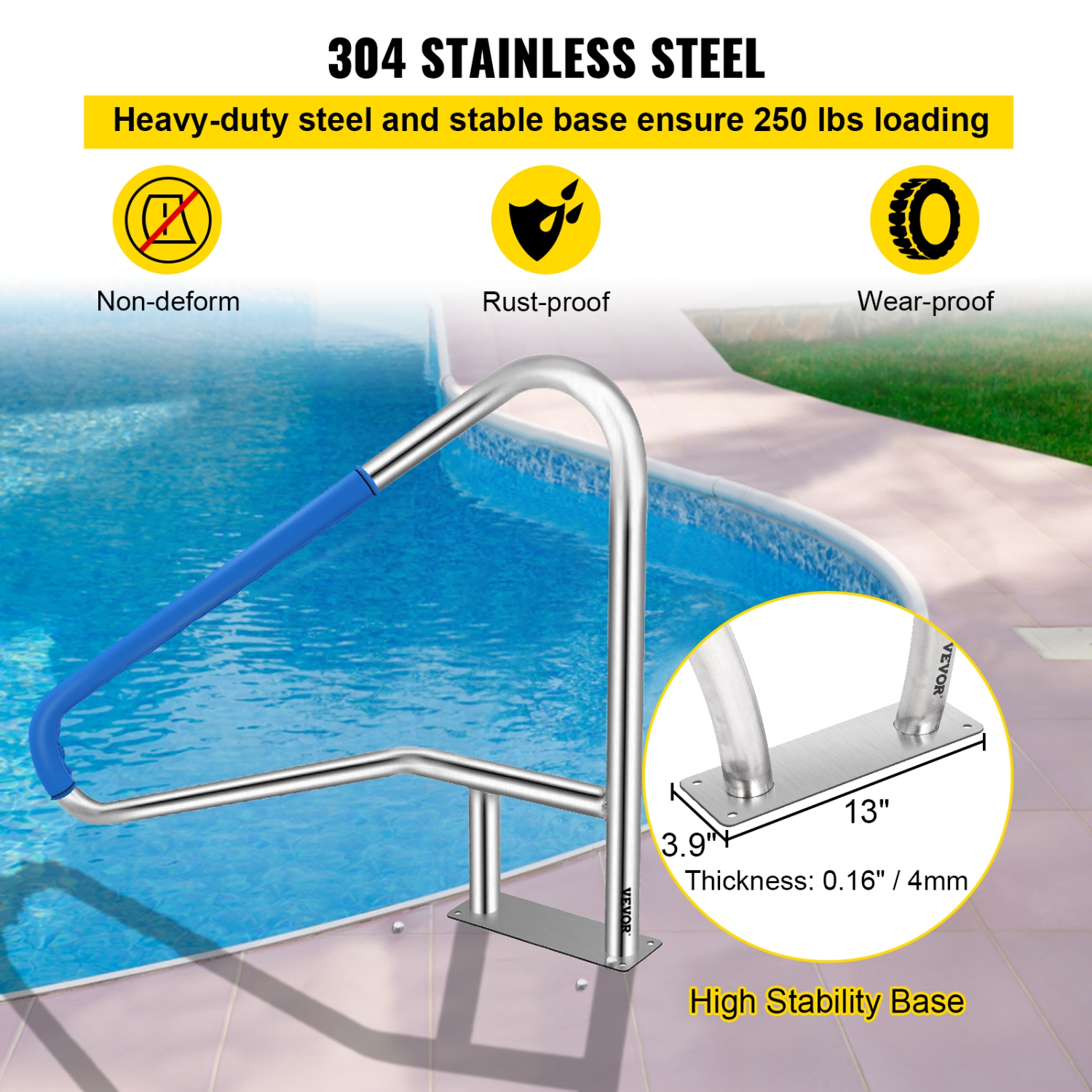 VEVOR 55x32 Pool Railing, 304 Stainless Steel, 250LBS Load Capacity, Silver Rustproof Humanized Swimming Pool Handrail with Blue Grip Cover & M8